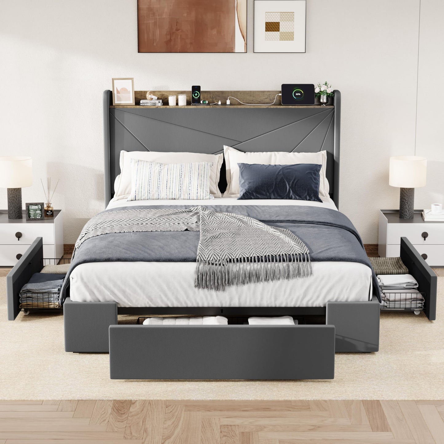 Allewie Queen Size Velvet Bed Frame with 3 Storage Drawers, Upholstered Platform Bed with Wingback Storage Headboard and USB Ports, No Box Spring Needed, Easy Assembly, Grey