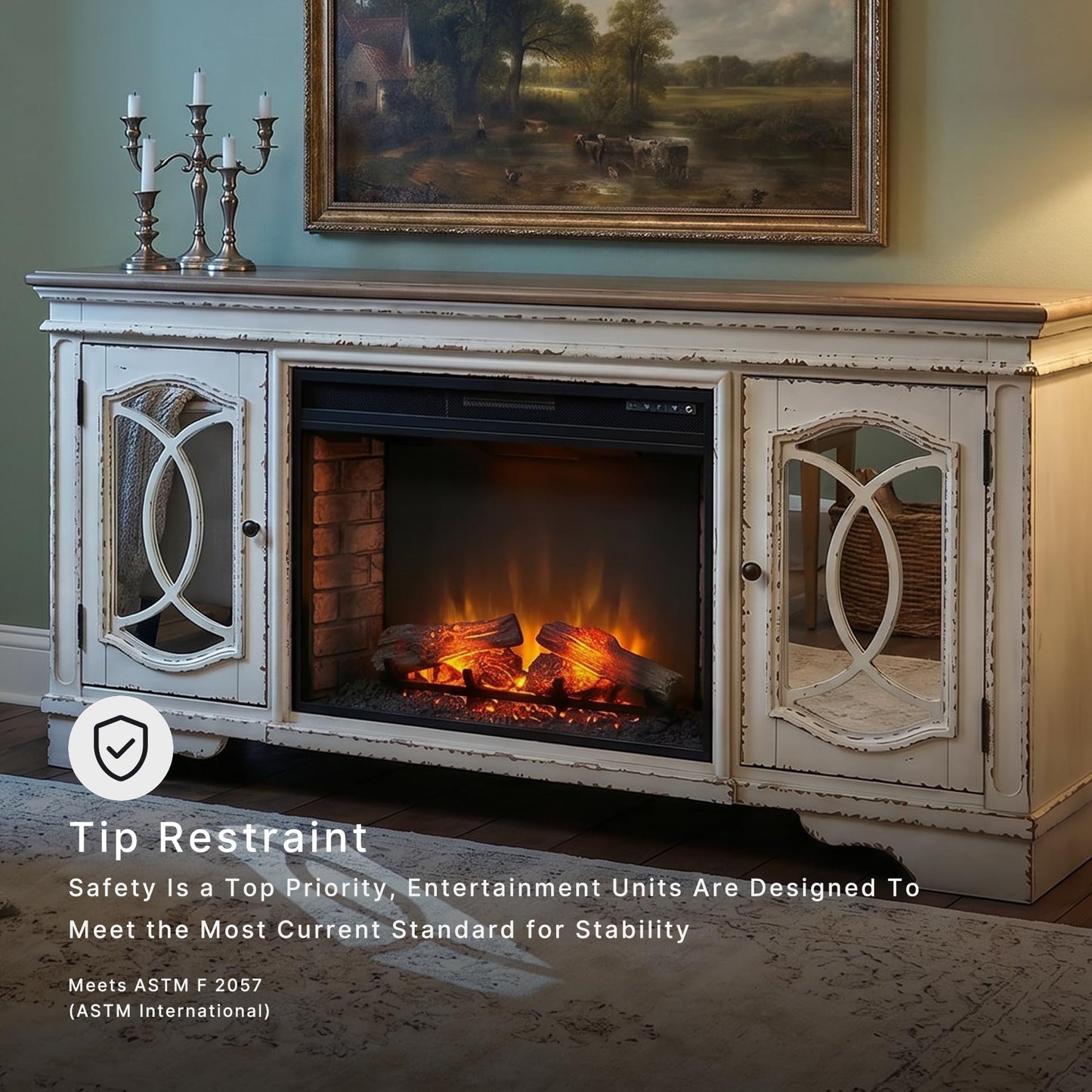 Signature Design by Ashley Realyn Fireplace TV Stand, 74 Inch Cottage Style Media Console, Wood, Engineered Wood and Veneers, Electric Infrared Insert, Fits TVs up to 85 Inch, Chipped White