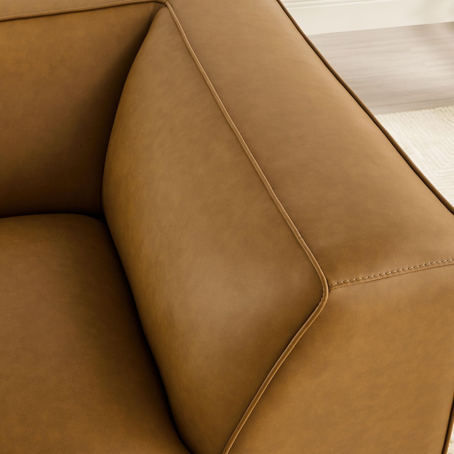 Modway Auren Vegan Leather Corner Modular Chair in Camel - Mid Century Modern Faux Leather Corner Sectional Couch - Living Room Armless PU Leather Single Sofa Chair