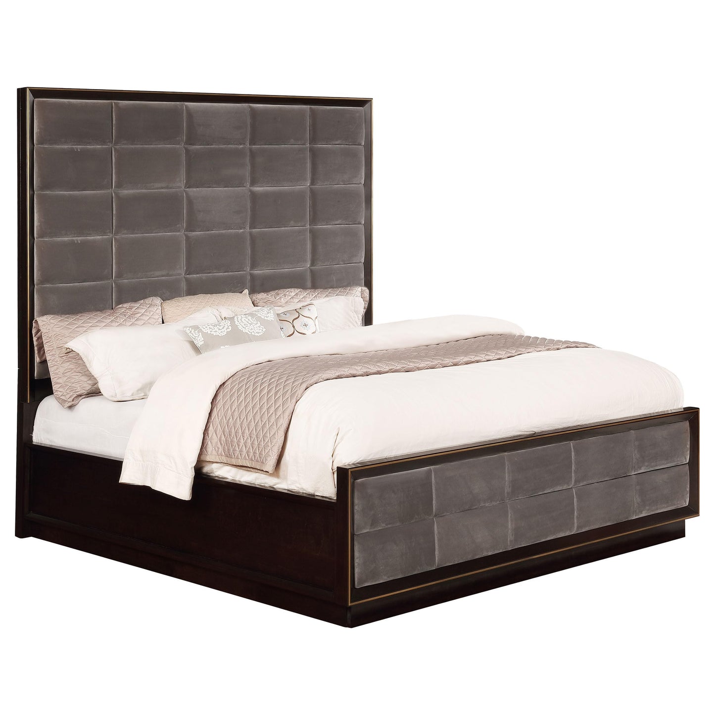 Pemberly Row Eastern King Upholstered Bed, Smoked Peppercorn Finish, Wood and Fabric Construction, Gray Upholstery, Vaulted Headboard, 80" H x 81" W x 86" D, Sturdy Modern Bedroom Furniture