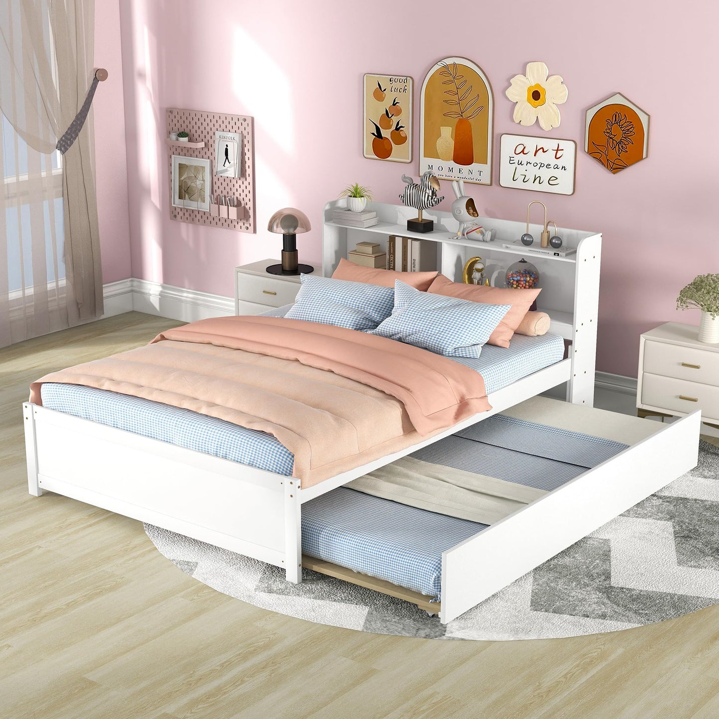 Full Size Bed Frame with Trundle,Captain’s Bed Full with Bookcase Headboard for Kids,Trundle Bed with Storage for Kids,Teens,Adults(White)