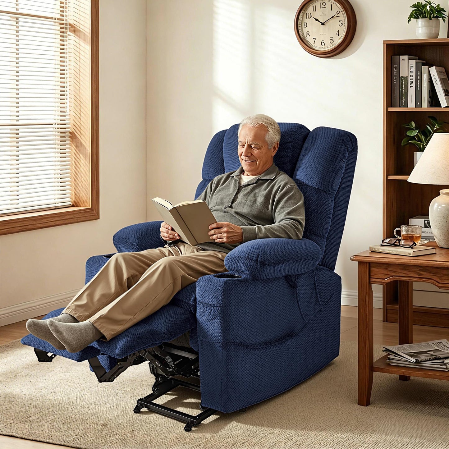 MCombo Triple Motor Lay Flat Power Lift Recliner Chair for Tall Elderly, Infinite Position, Massage, Dual Heating, Adjustable Headrest, Fabric 7634 (Navy Blue, Large)