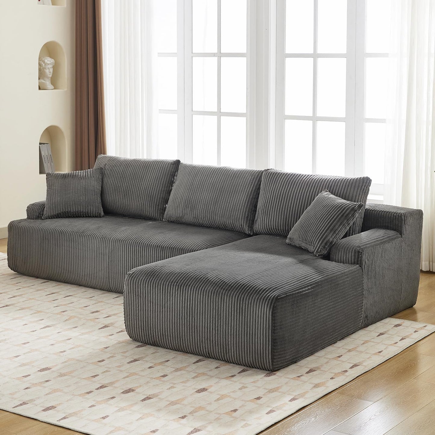 Cloud Boneless L-Shape Couch 108" Modern Sectional Comfy No Assembly Required Sleeper Modular Sofa with Corduroy Fabric Deep Seat Loveseat + Chaise Lounge Chair for Living Room