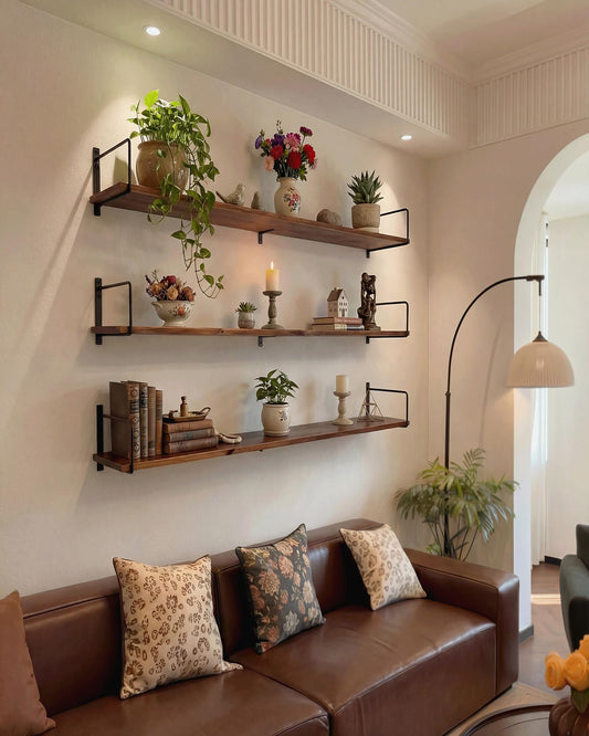 Teneyu Solid Wood Floating Shelves for Wall with Metal Brackets,3 Tier Pinewood Wall Shelf,Suitable for Multiple Places Such As Bedrooms,Kitchens,and Living Rooms(Walnut Finish)