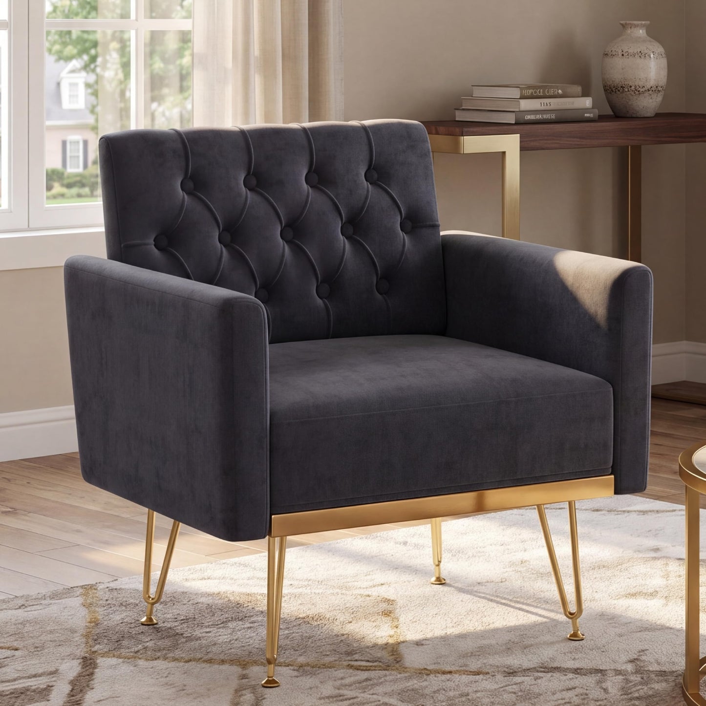 KEIKI Cute Velvet Accent Chair, 31 Inch Modern Tufted Upholstered Armchair with Metal Leg, Comfortable Single Sofa Side Reading Chairs, Comfy Arm Chair for Bedroom Living Room, Easy Assembly, Black