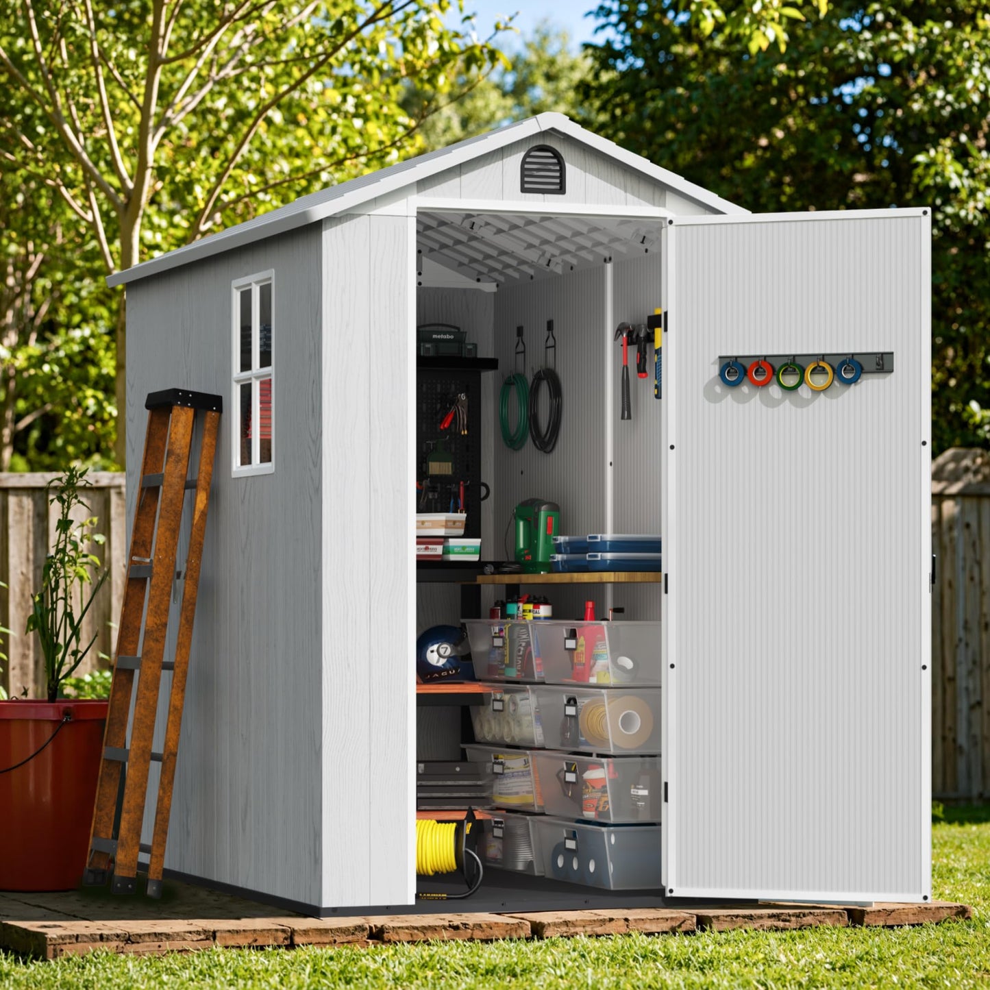 Greesum 4x6FT Plastic Storage Shed with Floor, Resin Outdoor Storaged Sheds with Lockable Door, All Weather Tool Shed with Window and Vent, Easy Assembly for Garden, Patio, Yard, Light Gray