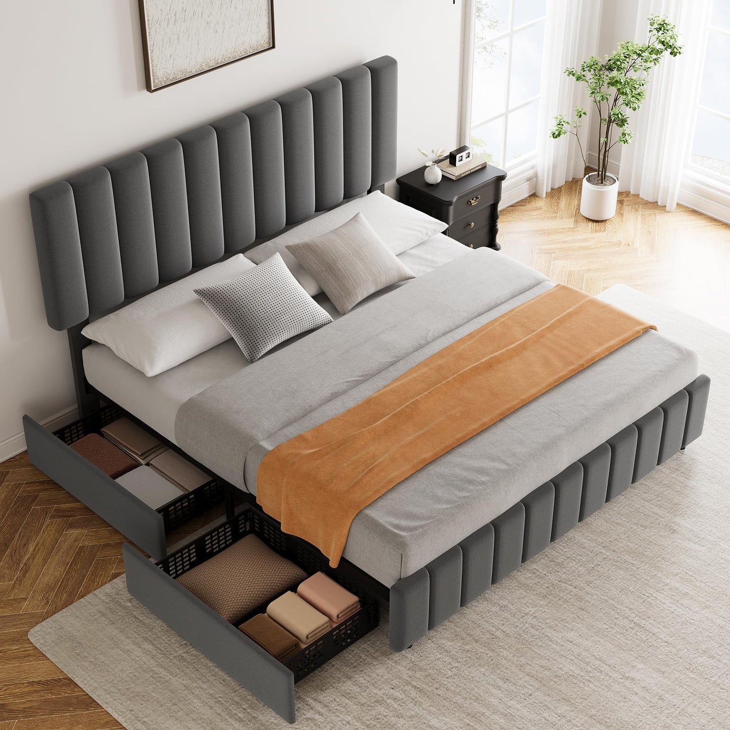 Garvee King Size Bed Frame, Linen Upholstered Platform Bed Frame with 4 Storage Drawers, Adjustable Height Headboard, No Box Spring Needed, Easy Assembly, Grey
