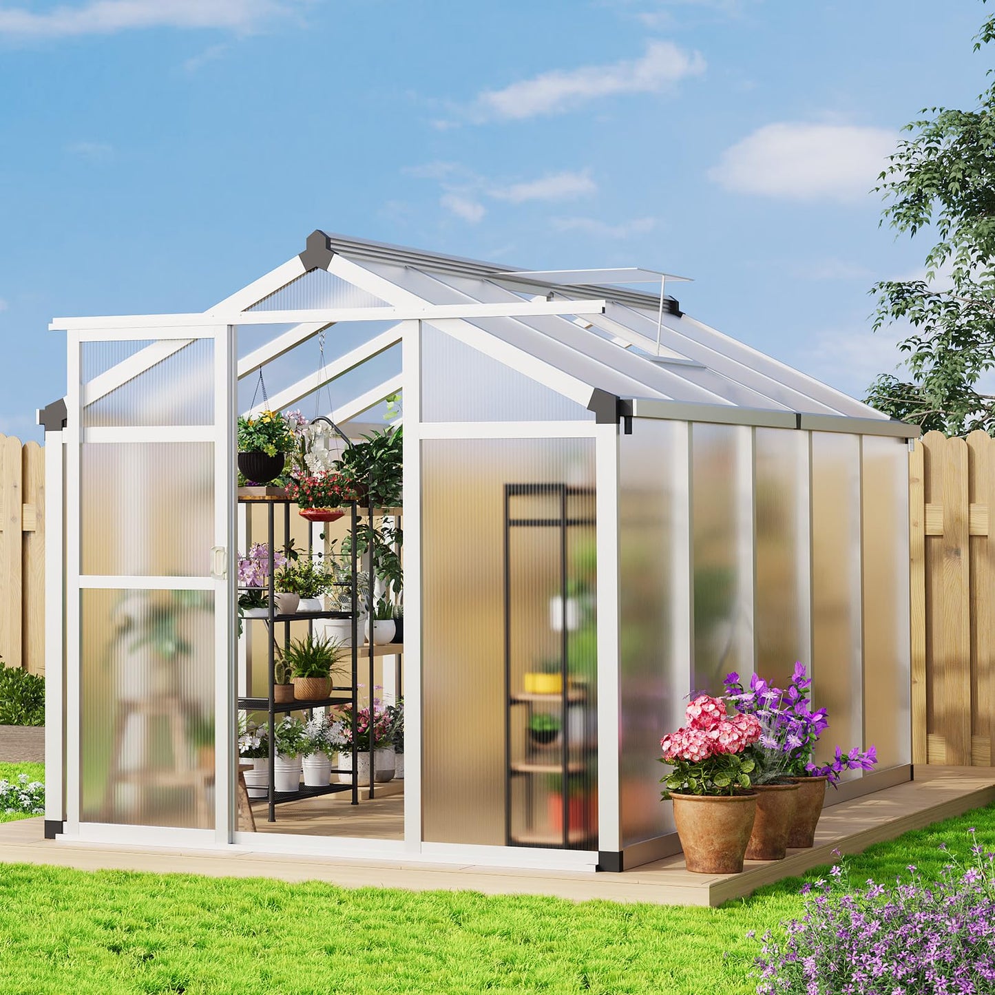 6x10 ft Greenhouse, Aluminum Frame & Polycarbonate Panel Greenhouse for Outdoors, Green House with Adjustable Roof Vent & Sliding Door, Durable Walk-in Green Houses for Backyard, Patio, Lawn