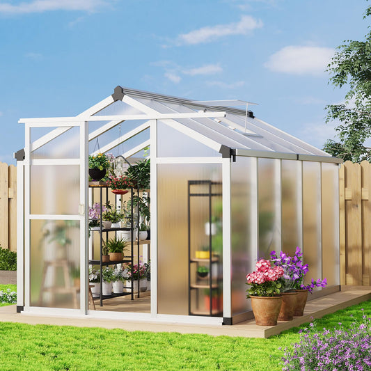 6x10 ft Greenhouse, Aluminum Frame & Polycarbonate Panel Greenhouse for Outdoors, Green House with Adjustable Roof Vent & Sliding Door, Durable Walk-in Green Houses for Backyard, Patio, Lawn