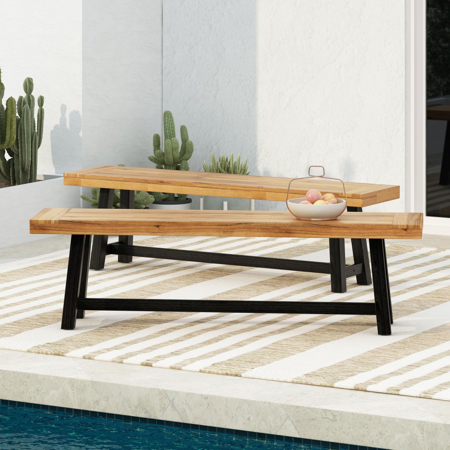 Merax 2-Piece Acacia Wood Outdoor Benches Set, 63" Rustic Patio Bench with Sandblast Teak Finish and H-Stretcher Design, Solid Hardwood Garden Bench for Dining, Porch, Fire Pit, Teak+Black