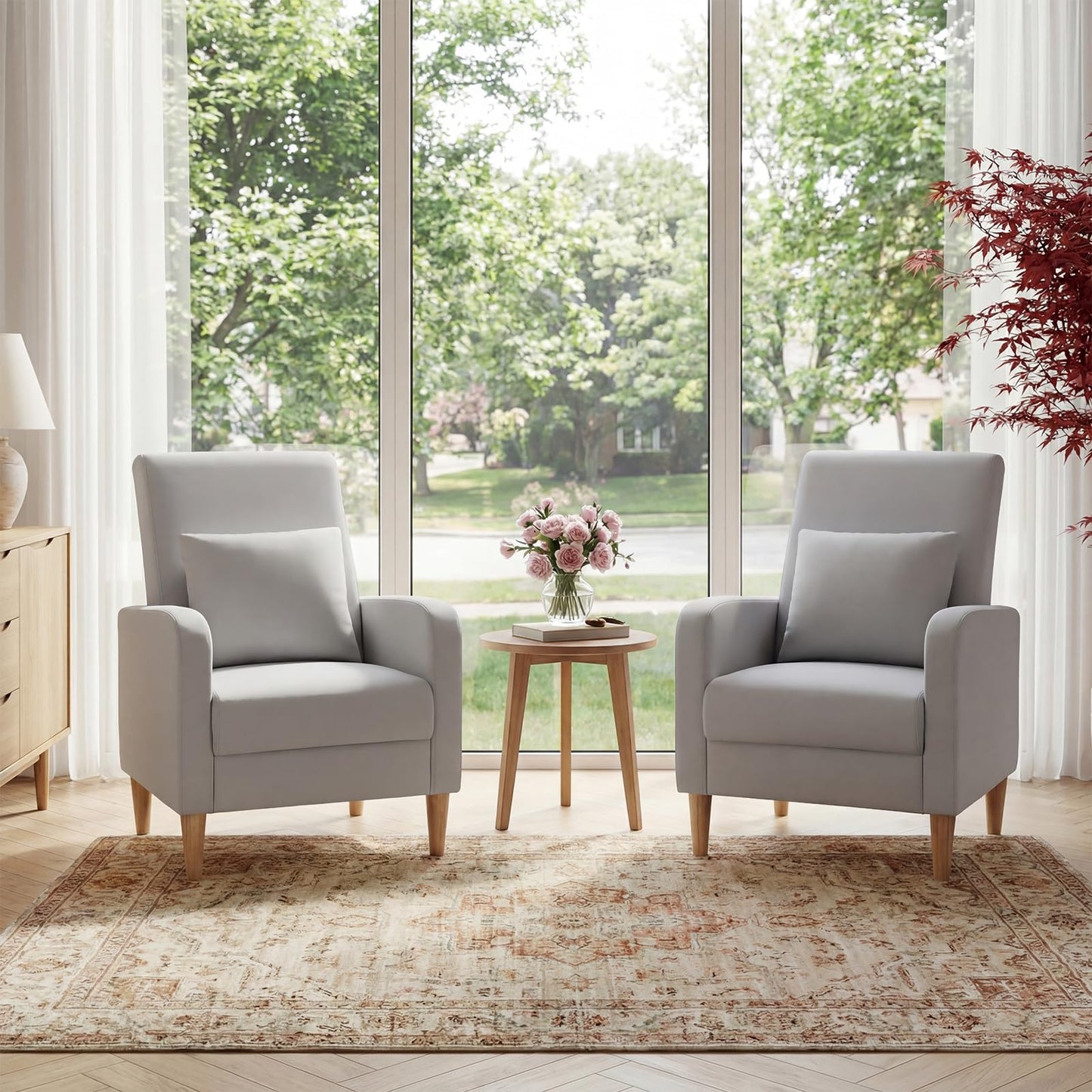 COLAMY Faux Leather Accent Living Room Chairs Set of 2, Upholstered Arm Chair Reading Side Chair, Single Sofa with Back Pillow and Wood Legs, Light Grey