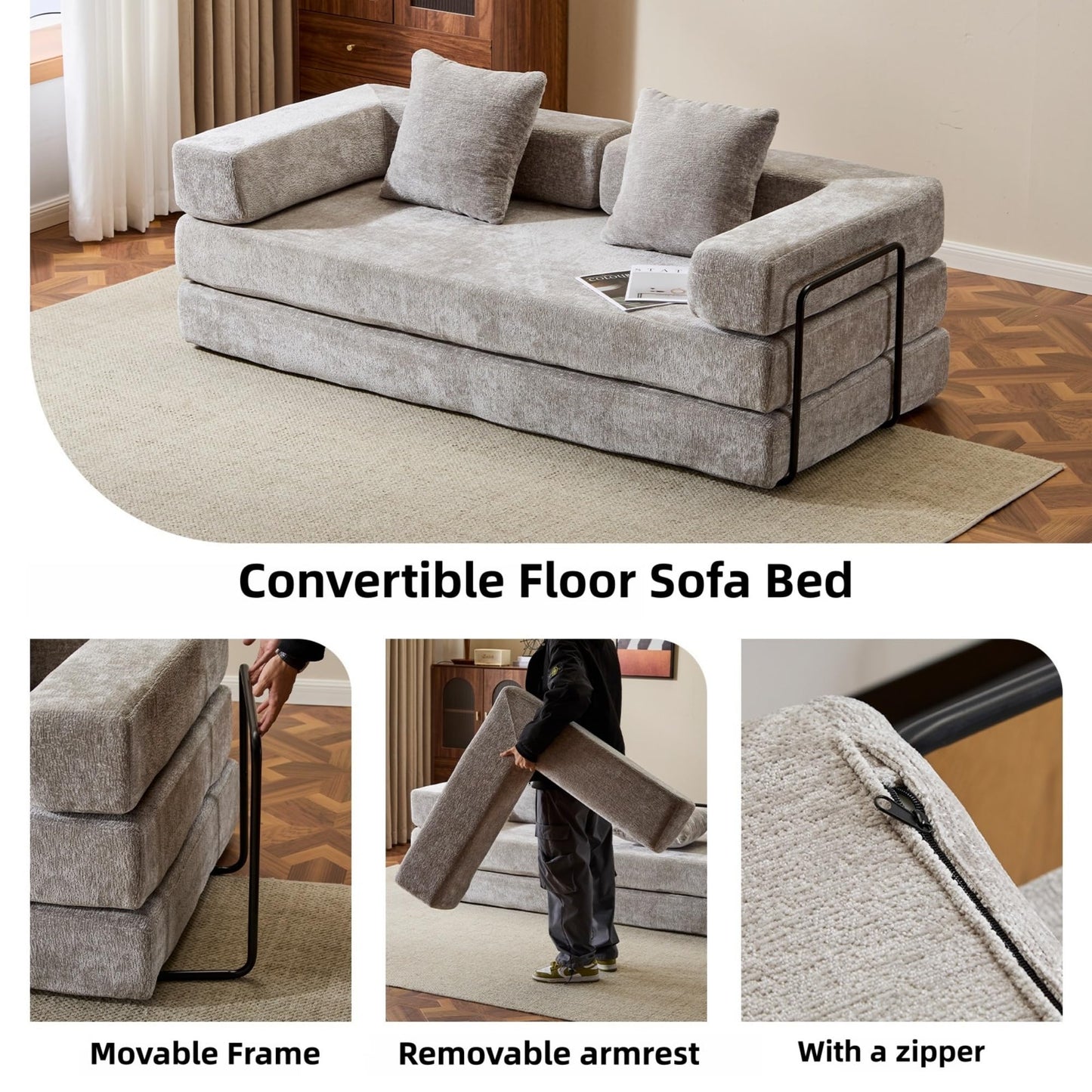 Trygoal 78”Convertible Sofa Bed, 4-in-1 Futon Boneless Couch with Armrest & Pillows, Compressed Chenille Folding Sleeper Bed for Living Room, Guest Room and Dorm, Light Grey