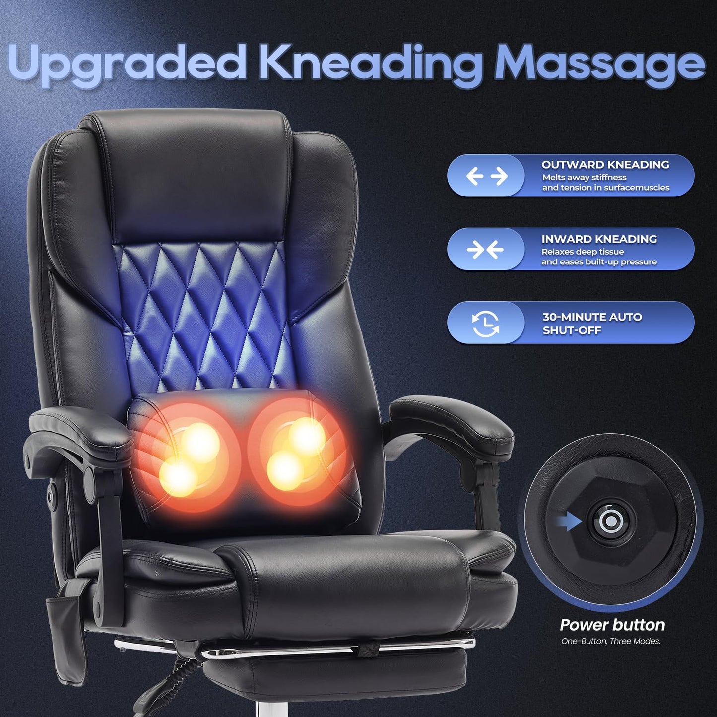 Massage Office Chair with Footrest, High Back Executive Chair, Ergonomic Desk Chair with Removable Pillow, 2 Lumbar Massage Points, Reclining, Leather Computer Chair, Black