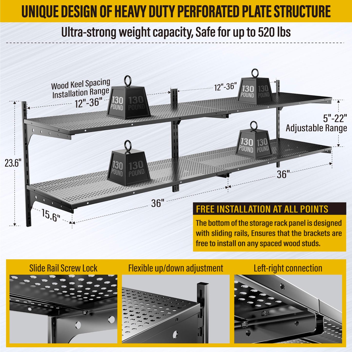 Brukid 2-Pack×2 Tier 1.3x3ft Garage Shelving Wall Mounted, 15.6x36inch per Shelf Height Cassette Adjustable Floating Shelves（Total 4pcs）(Black)