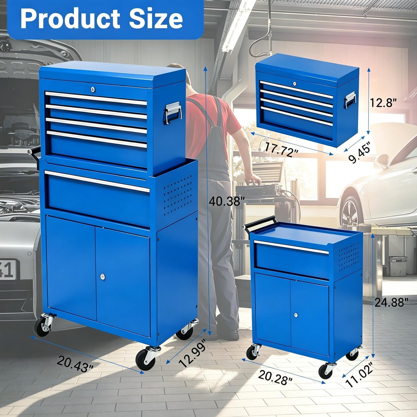 SierraSquad Heavy Duty 5-Drawer Rolling Tool Chest, 2-in-1 Detachable Top Tool Box, Locking Steel Storage Cabinet Cart on Wheels, Blue