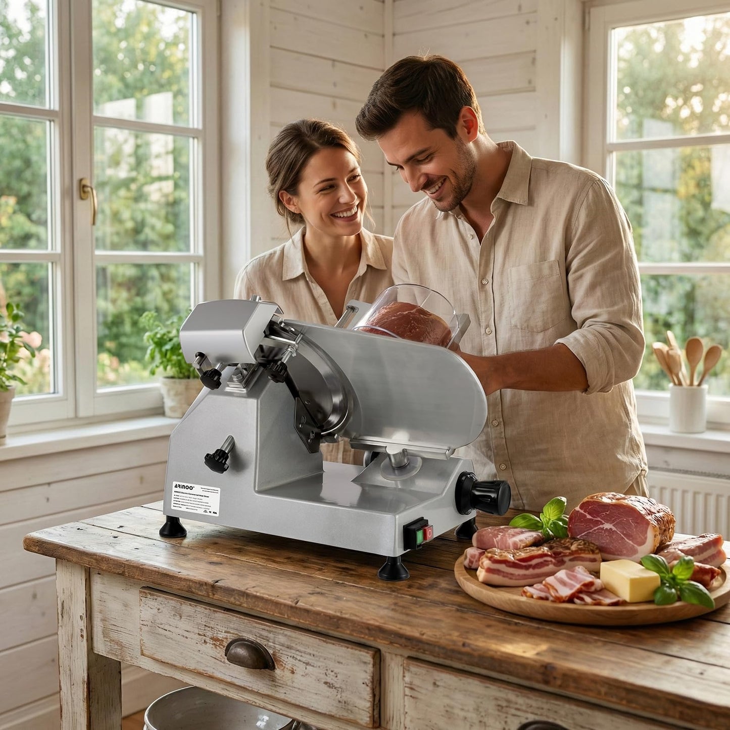 ARINOO 8.5''Commercial Meat Slicer, Electric Food Slicer with Carbon Steel Blade and Sharpening Stone, Deli Food Slicer for Frozen Meat, Cheese, and Bread, Easy to Clean for Home & Restaurant Use