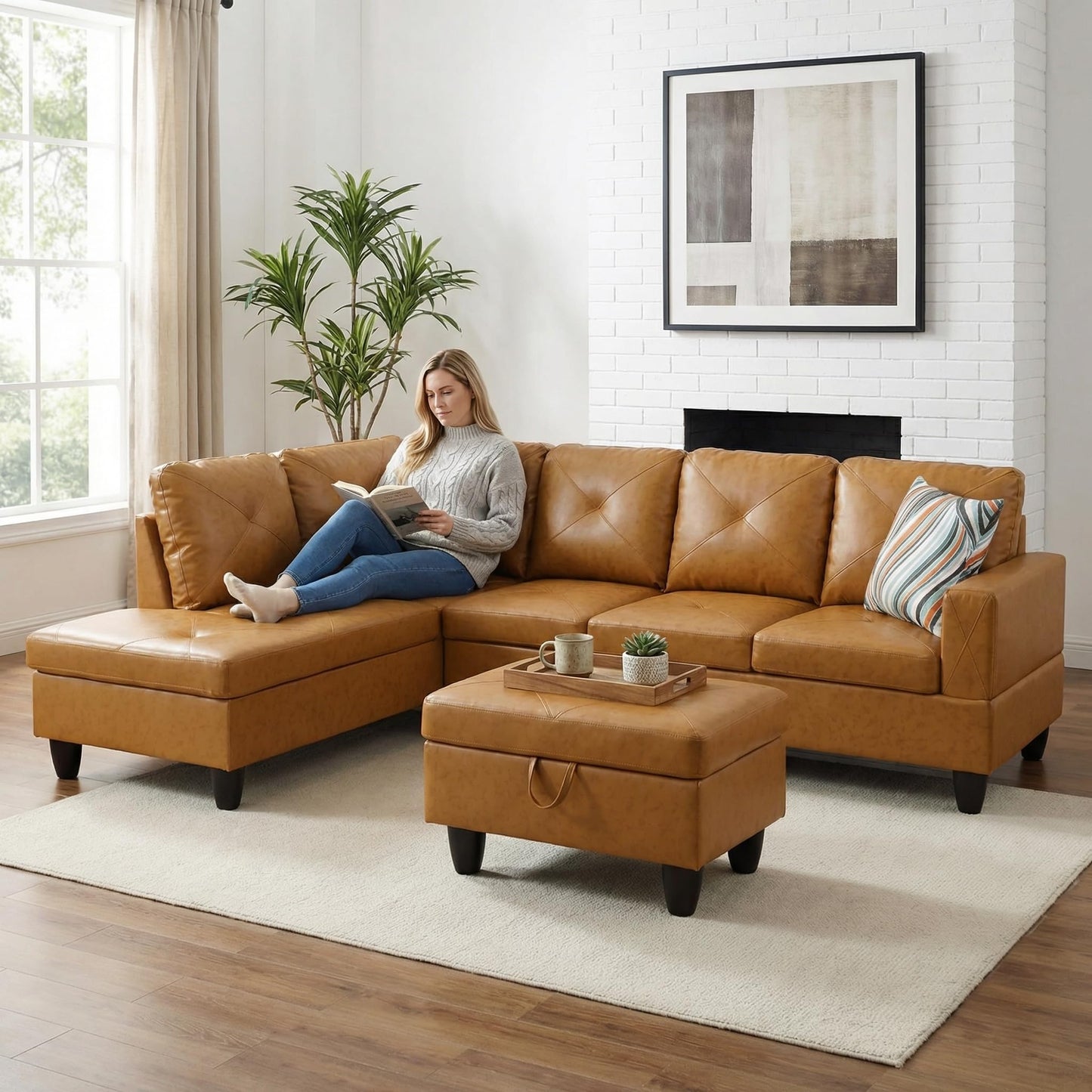 Trygoal 3-Piece L-Shaped Modular Leather Sofa – Convertible Sectional Couch with Movable Chaise & Storage Ottoman, Multi-Scene Use for Living Room, Apartment & Office, Ginger Yellow