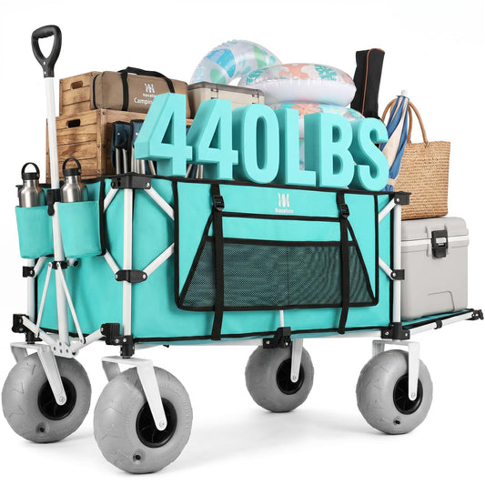 Navatiee 260L Beach Wagon with Extended Tailgate, 440lbs Heavy Duty Beach Cart with 9” Big Balloon Wheels for Sand, Collapsible Folding Wagon with Side Pocket for Outdoor, Light Blue