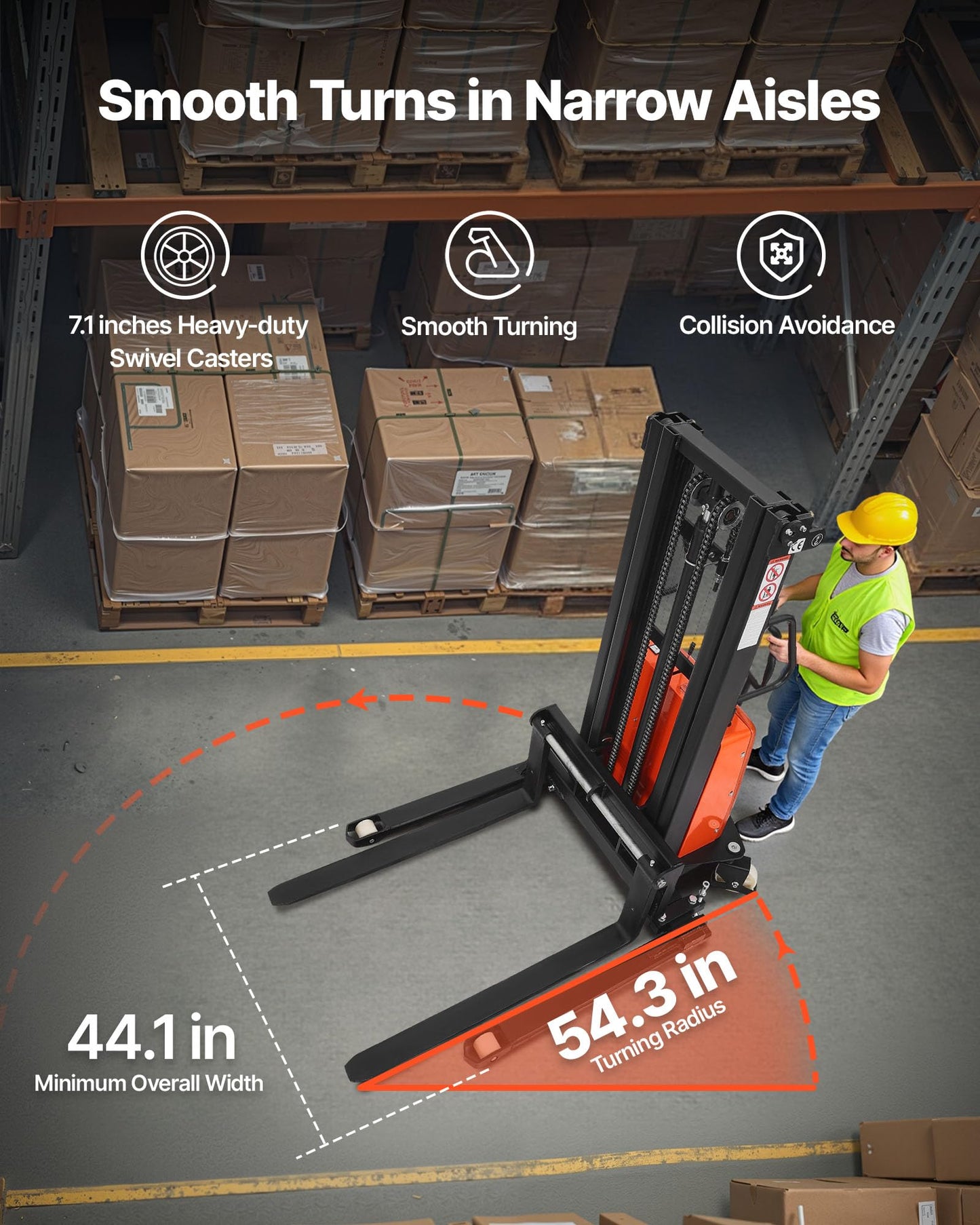 VEVOR Semi Electric Pallet Stacker, 3300 lbs Capacity, 98.42'' Lifting Height, Pallet Lift Stacker Forklift with Straddle Legs & Forks, 8.66-31.1 Inches Adjustable Fork Width, Orange & Black