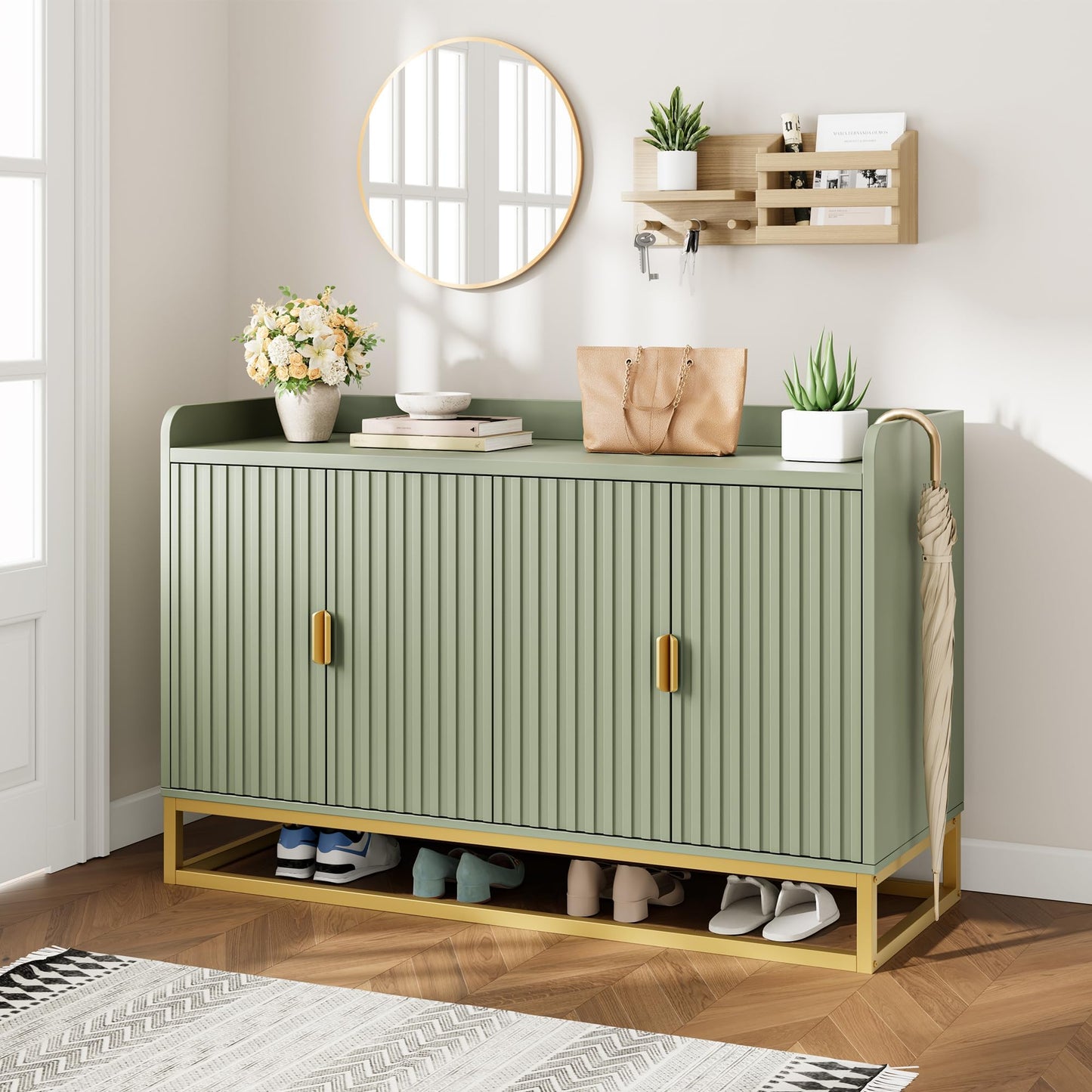 Garvee 47.2" Fluted Sideboard with Storage Cabinet, Modern Kitchen Sideboard with Adjustable Shelves, Media Console Buffet Cabinet with Doors for Living Room, Kitchen, Entryway, Green