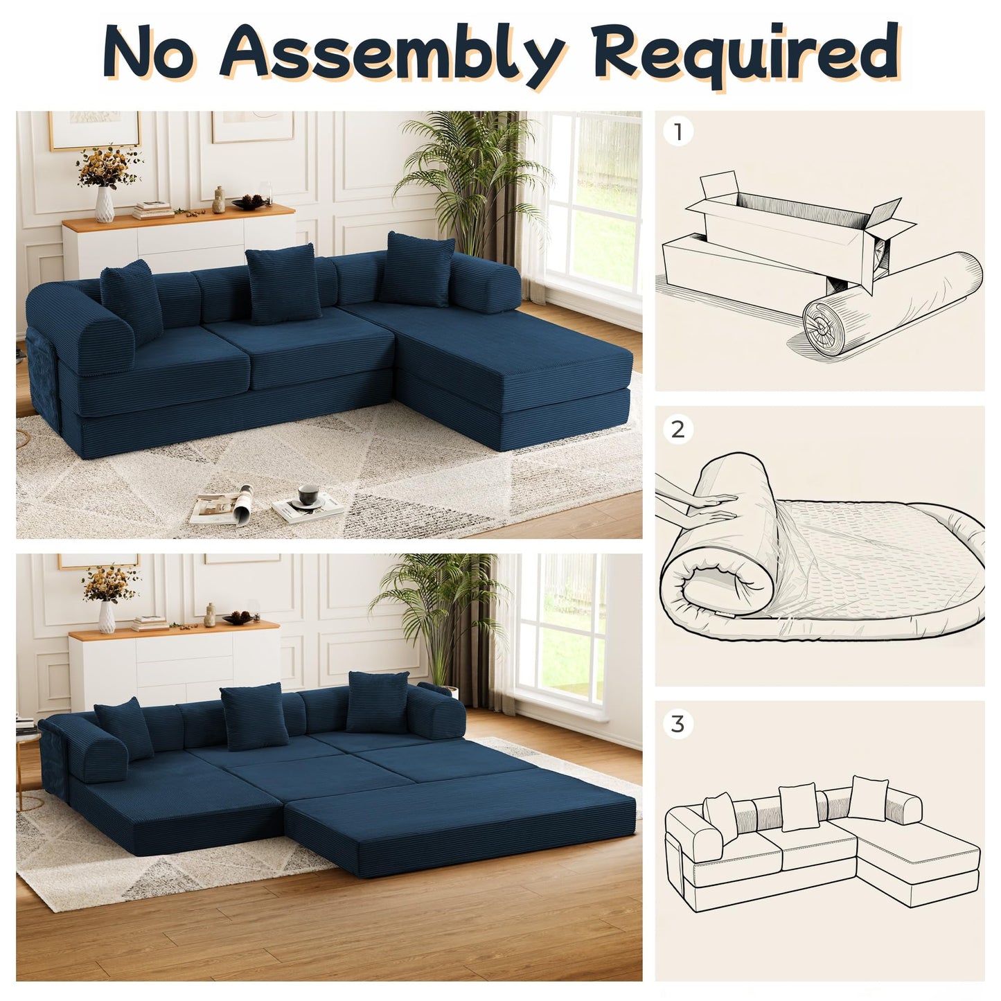 Topcomfy 106.3" Modular Sectional Sleeper Sofa with Metal Frame Support, Convertible 4-Seater L-Shaped Cloud Couch for Living Room, Corduroy Memory Foam Pit Sofa, Blue