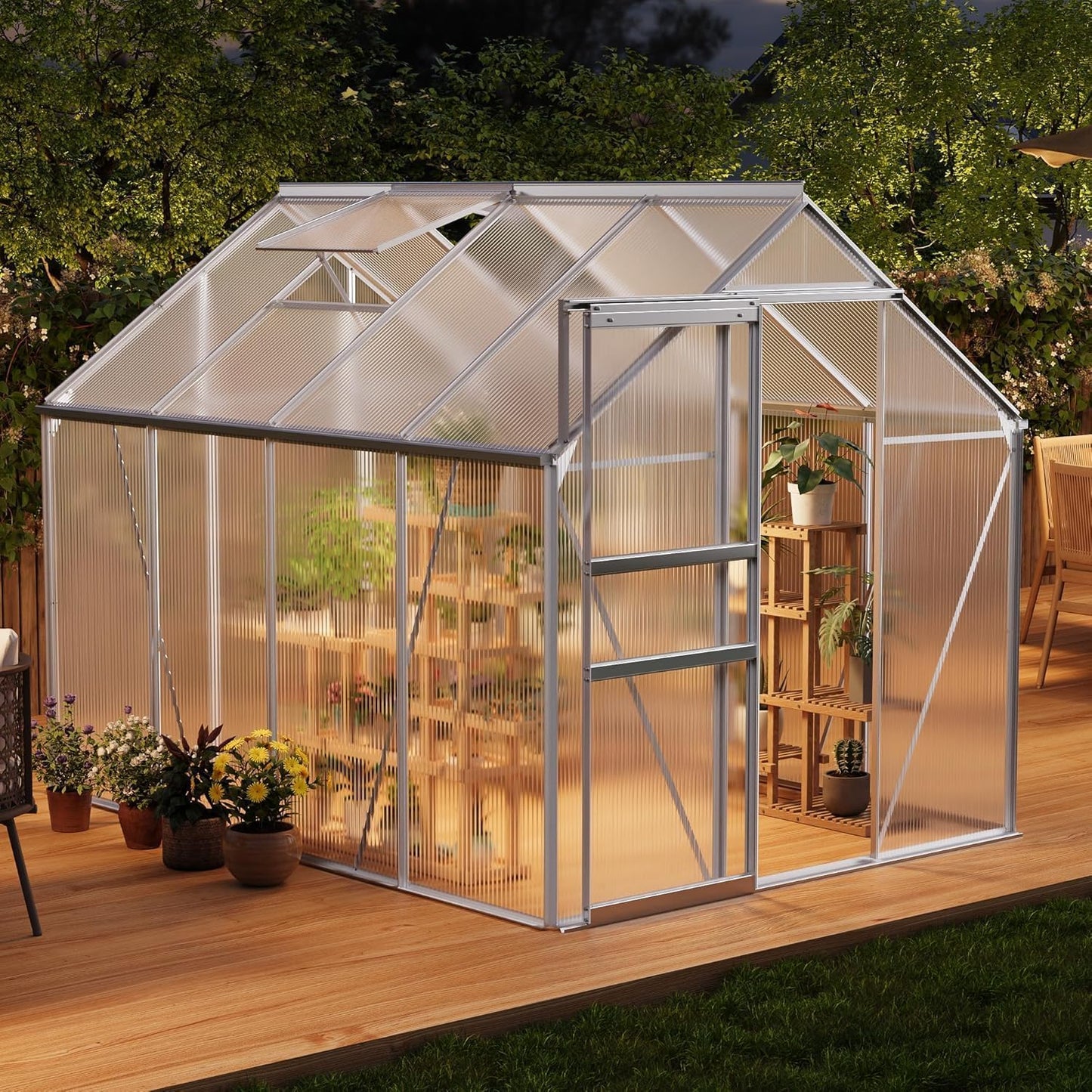 Walk-in Greenhouse 6x8 FT Aluminum Frame with Roof Vent Rain Gutter Sliding Door Perfect for Outdoor Patio Backyard Garden Apartment Balcony