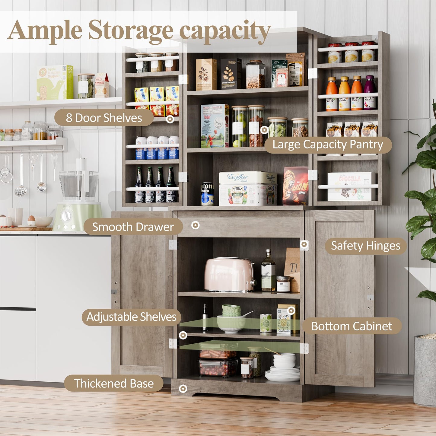 Vongrasig Kitchen Pantry Storage Cabinet with Barn Doors, Drawer and Adjustable Shelves, 6-Tier Tall Rustic Wood Cupboard Locker for Kitchen, Dining Room, Living Room, Bathroom, Rustic Grey