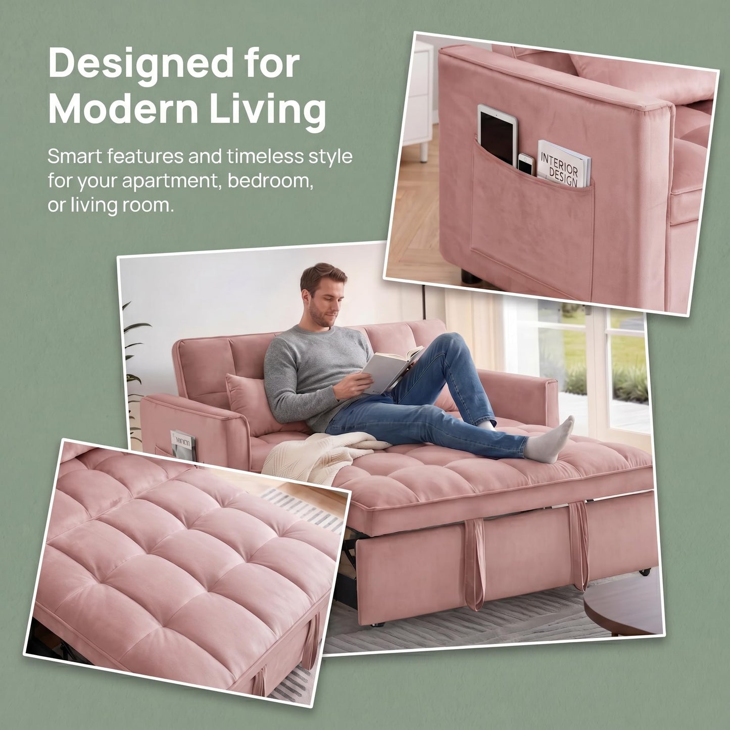 NicBex Sleeper Sofa Bed, Pull Out Couch Bed with Adjustable Backrest, Velvet Fabric Sleeper Sofa with Side Pocket, Convertible Loveseat Sleeper Sofa for Small Space, Living Room, Bedroom, Pink