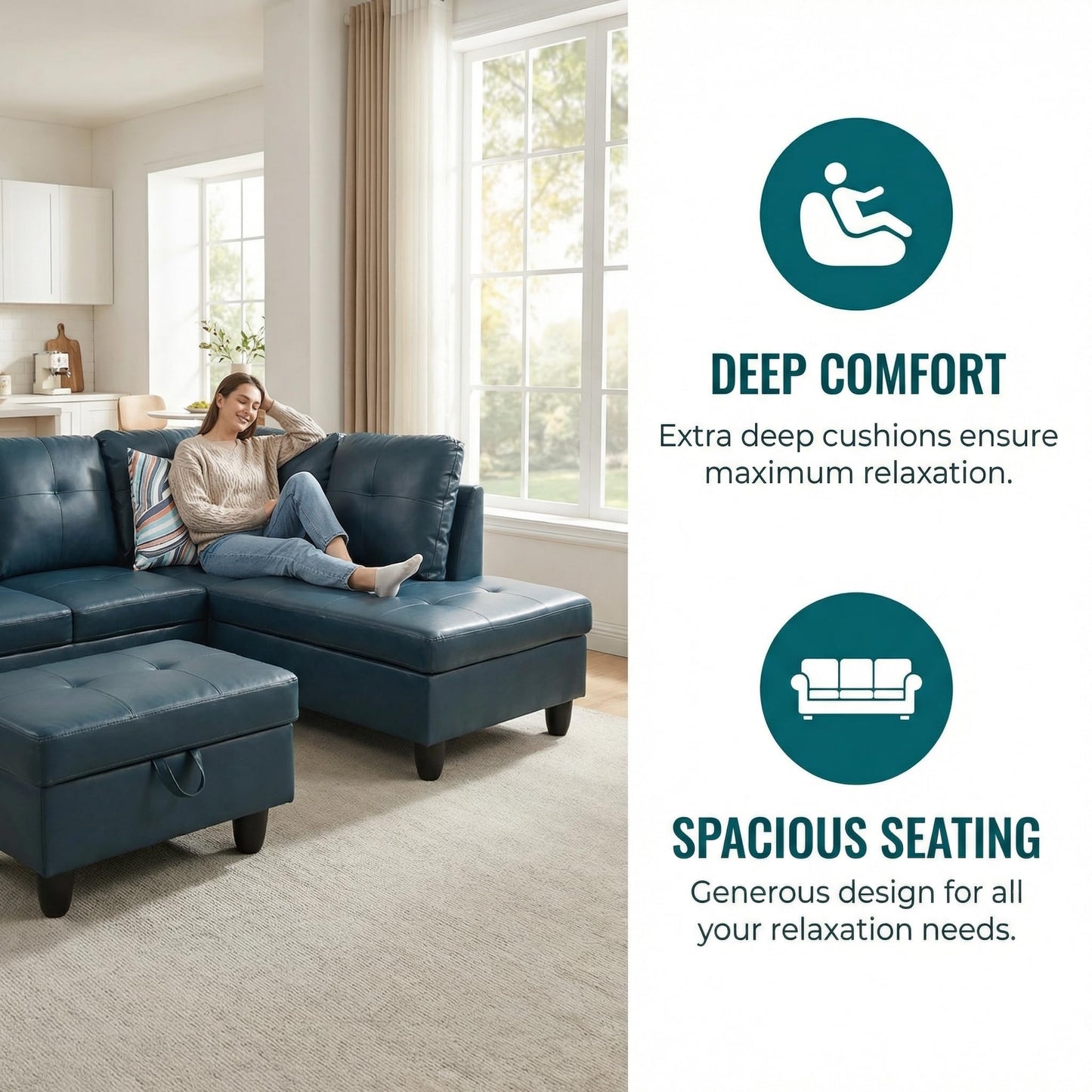 Trygoal 97" Leather 4-Seat L-Shaped Sectional Sofa with Movable Chaise & Storage Ottoman - 3-Piece Modular Convertible Couch for Living Room, Bedroom, Apartment & Office, Gray Blue