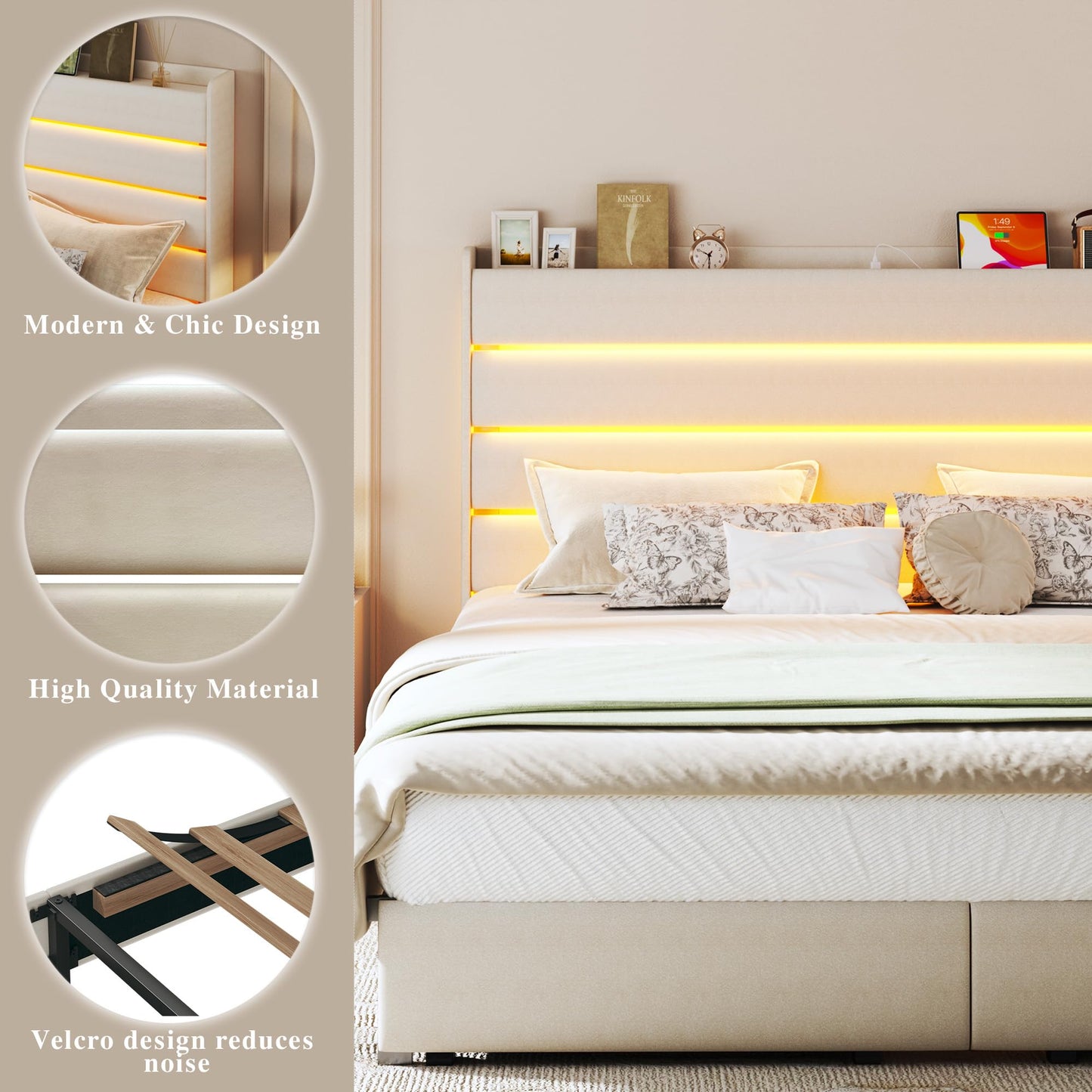 HUAHUU Queen Bed Frame with Storage, Velvet Upholstered Queen Size Upholstered Headboard with LED Light & Charging Station, Platform Bedframe with Drawers, Metal Slats, White