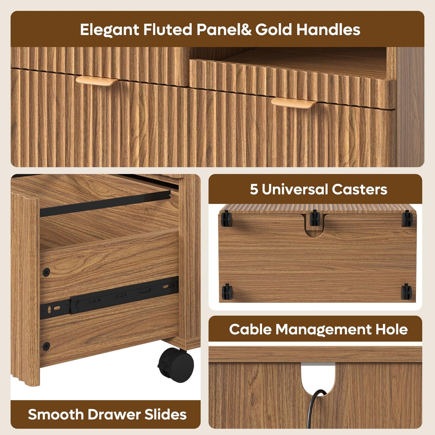 Bestier 3 Drawer File Cabinet, Decorative Fluted Wood Lateral Filing Cabinet with Caster for Home Office, Fits for A4/Letter/Legal-Sized Files, Printer Stand with Open Storage Shelves, Brown