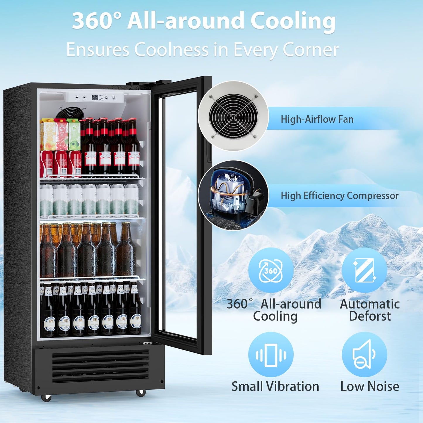 COWSAR Beverage Refrigerator Cooler, Freestanding 145 Can Beverage Refrigerator with Smart Temperature Control，6 CU FT Quiet Fridge with Lightbox for Bar, Office, Restaurant or Home, Black