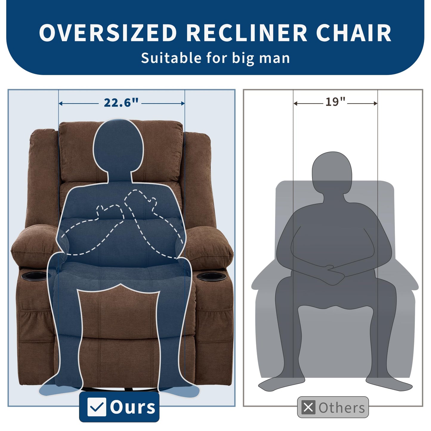 Rocking Recliner Chair for Adults Wide 360° Swivel Rocker Recliner with Cup Holder Nursery Glider with Upholstered Deep Seat Linen Lazy boy Chair for Living Room Browm