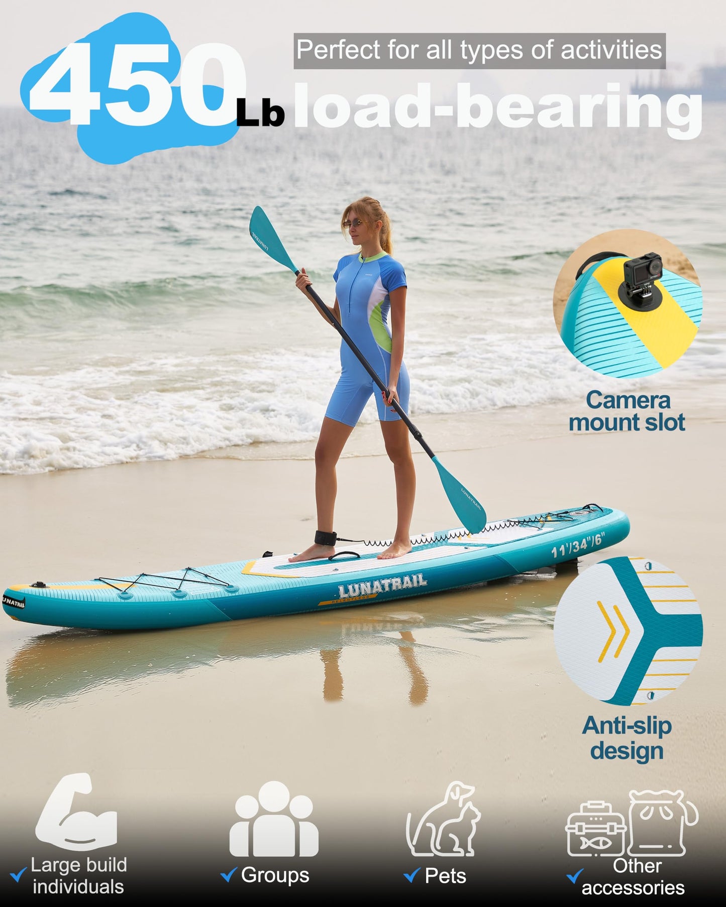 【11'×34"】 Extra Long/Extra Wide Premium Inflatable Stand Up Paddle Board (SUP) – Portable & Lightweight for Yoga, Surfing | Complete Kit with Paddle, Pump, Bag | Durable Design (Light Blue)