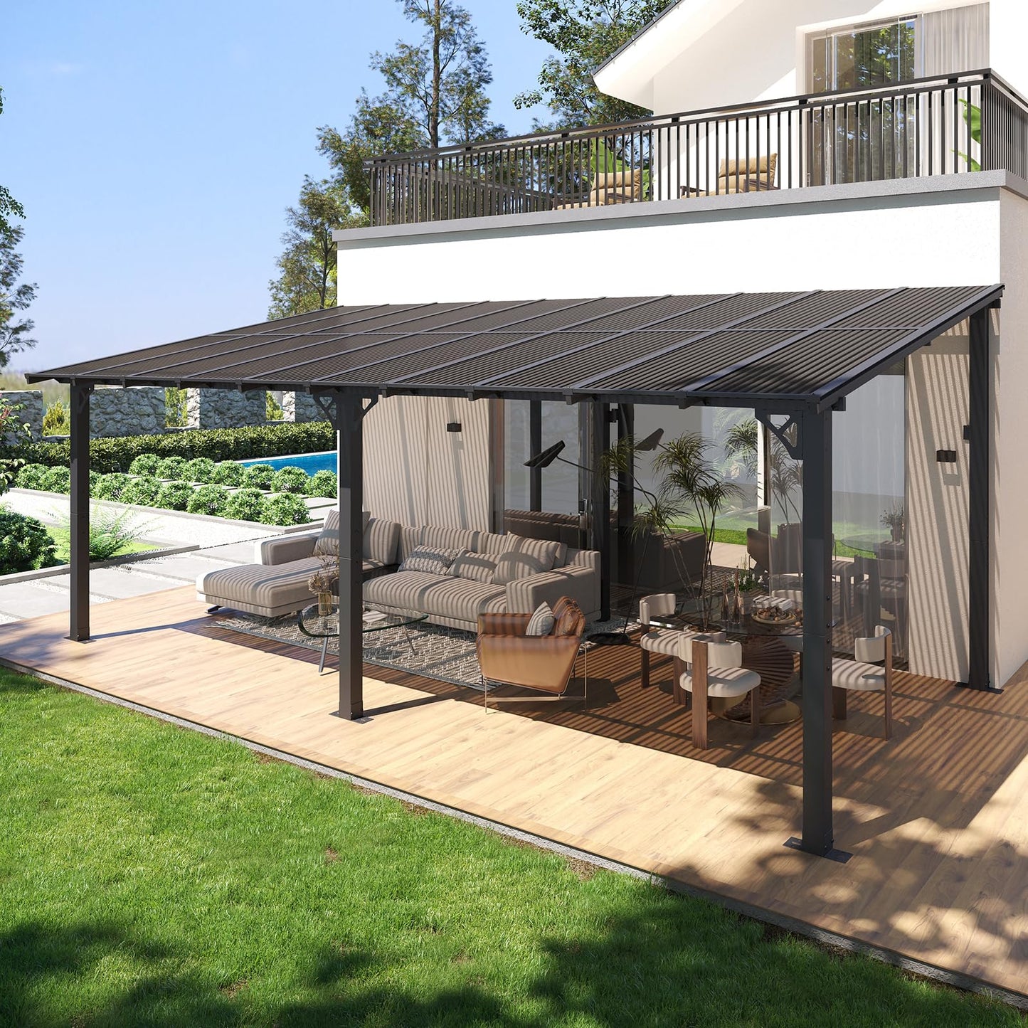 Breezestival 10' x 20' Lean to Gazebo Pergola, Hardtop Gazebo Metal Large Galvanized Steel Wall Mounted Pergolas on Clearance with Polycarbonate Roof, Awnings, Patio Canopy for Backyard, Deck, Porch