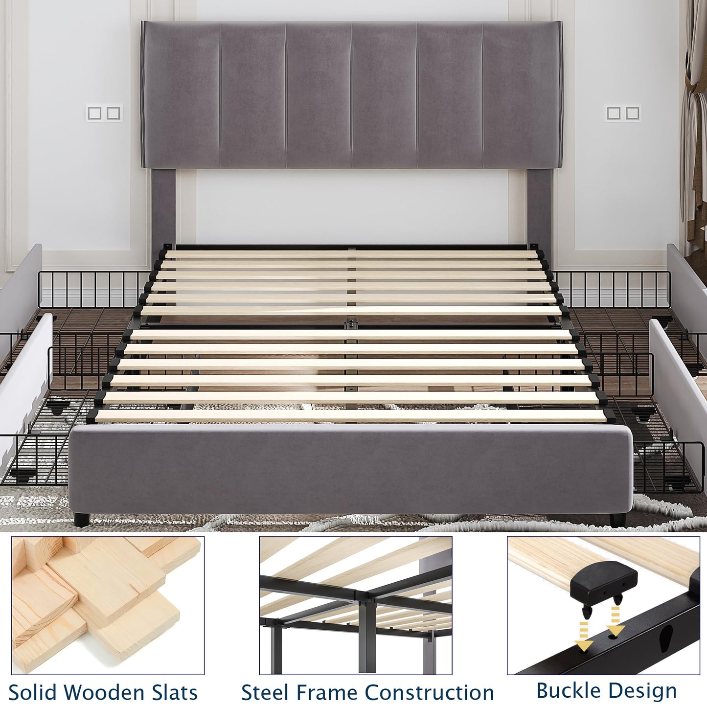 VECELO Full Size Bed Frame with 4 Storage Drawers, Adjustable Height Headboard, Heavy-Duty Platform Bedframe with Strong Wooden Slats, No Box Spring Needed, Dark Grey