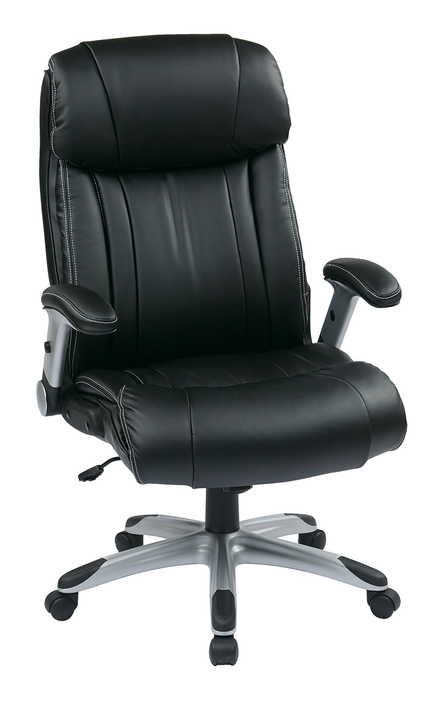 Office Star ECH Series High Back Executive Bonded Leather Office Chair with Adjustable Padded Flip Arms, Black with Silver Coated Base