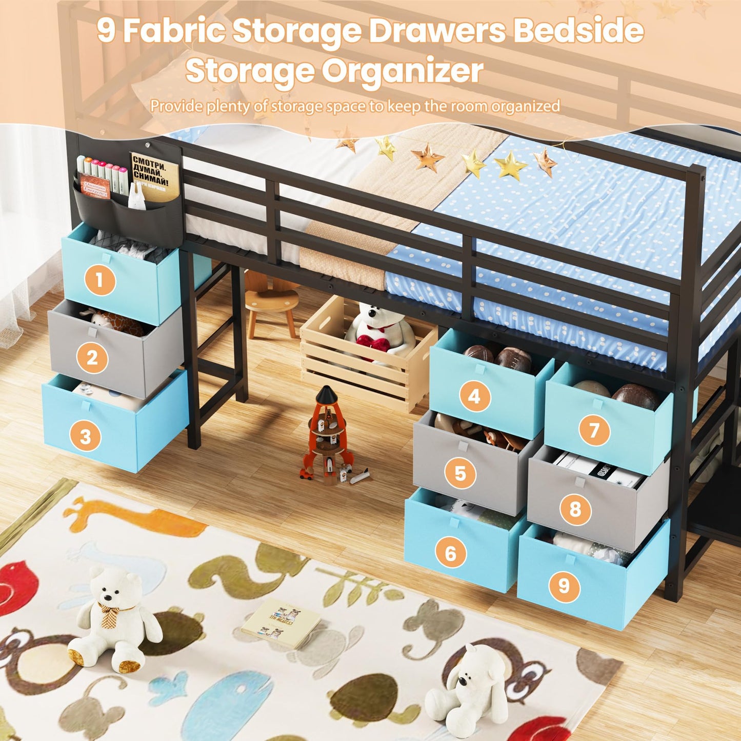 Zerduos Low Loft Bed Full Size with 9 Storage Drawers, Full Loft Bed with Stairs,Bedside Storage, Metal Full Loft Bed for Kids with 11.8" &22.5" H Safety Guardrail, Under-Bed Play Space