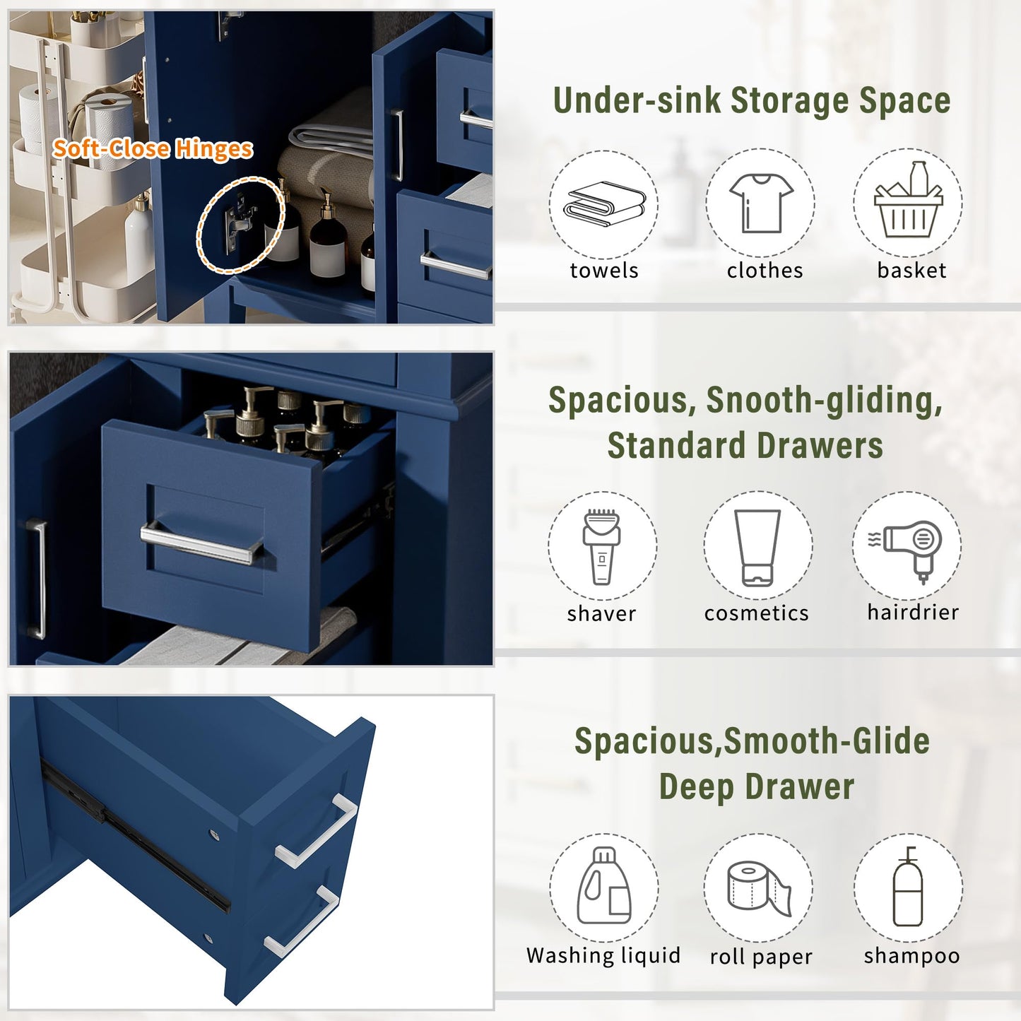 Merax 30" Small Bathroom Vanity with Ceramic Sink, Modern Solid Wood Frame Free-Standing Storage Cabinet, Soft-Close Doors, 2 Drawers & Under-Sink Storage, Space-Saving for Small Bathroom, Blue