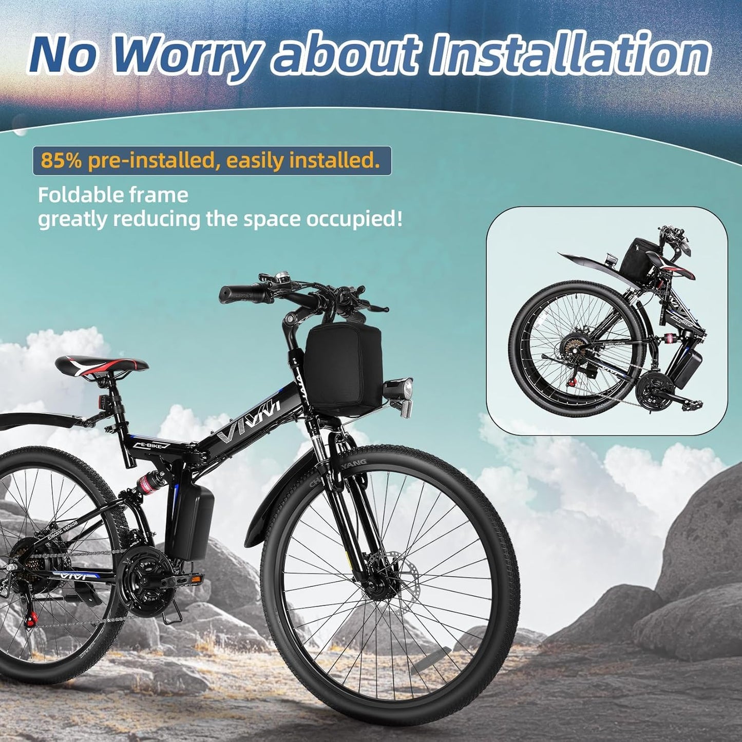 Vivi M026TGB Electric Bike 26" Electric Bike for Adults, 500W Motor Folding Electric Mountain Bike, 48V Removable Battery Ebike, 21 Speed Ebike, Up to 50 Miles, SGS Certified to UL2849