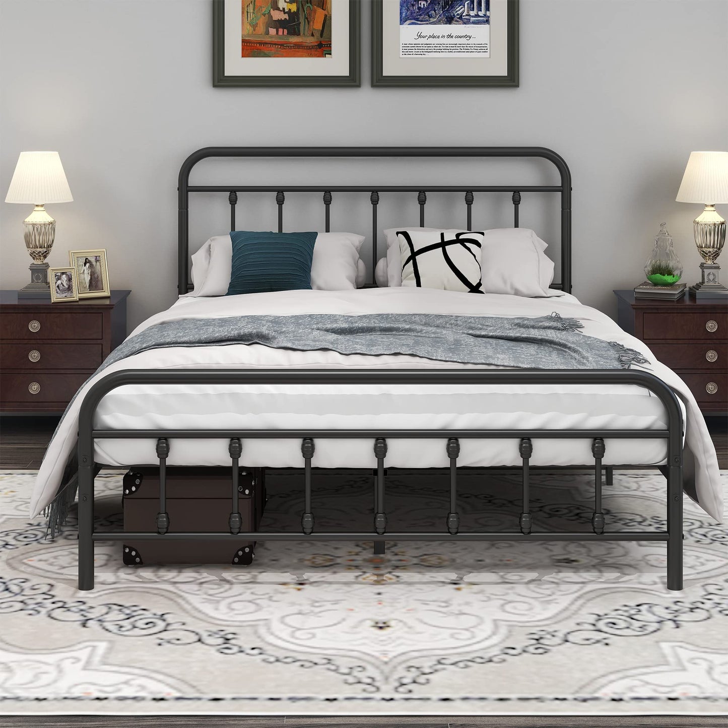 DUMEE Metal Queen Bed Frame with Headboard and Footboard Farmhouse Platform Bed Frame Queen Size Under Bed Storage No Box Spring Needed, Textured Black