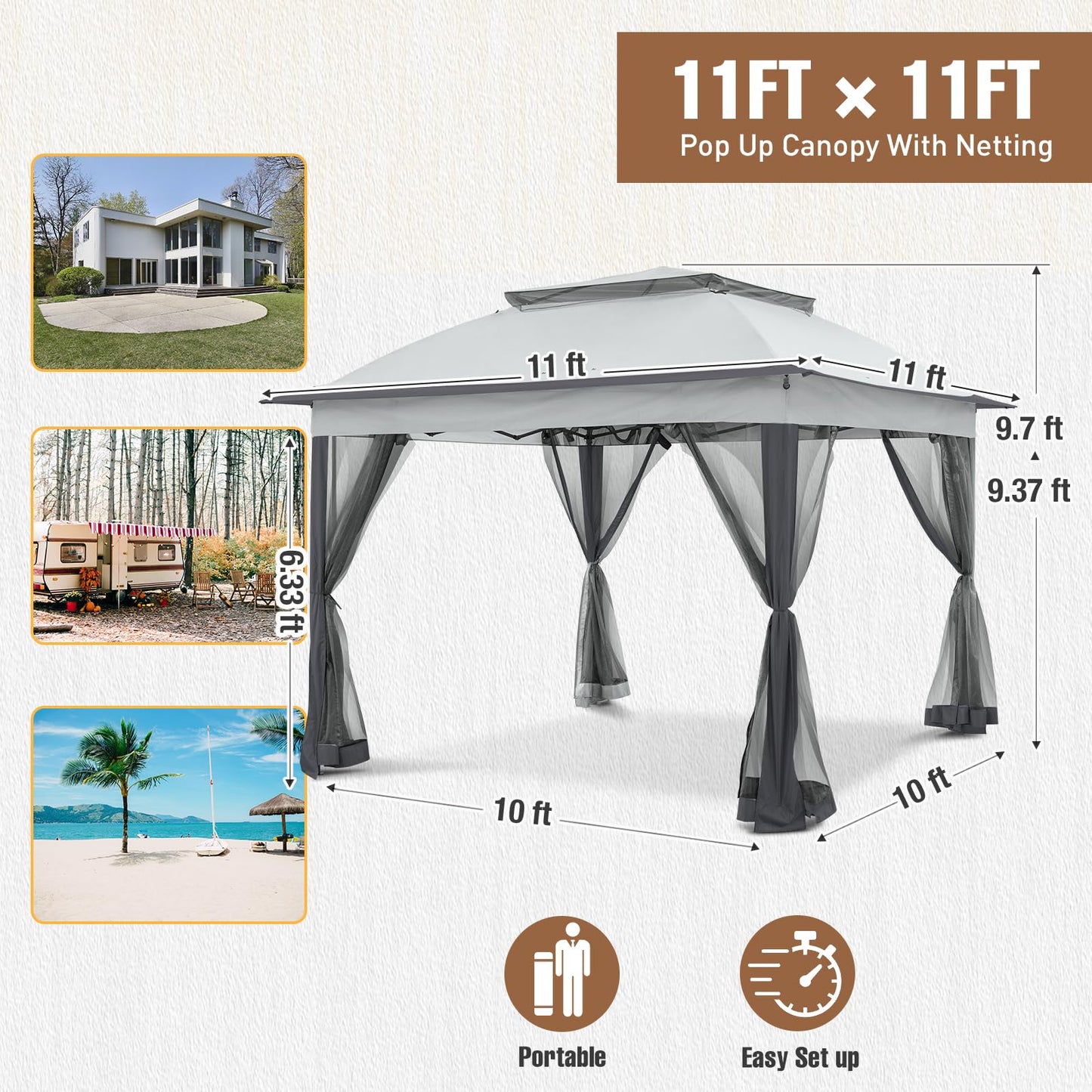 INTER HUT 11x11 Pop Up Gazebo Tent with Mesh Netting, Instant Outdoor Canopy with UPF 50+ UV Protection, Water Resistant, Gray