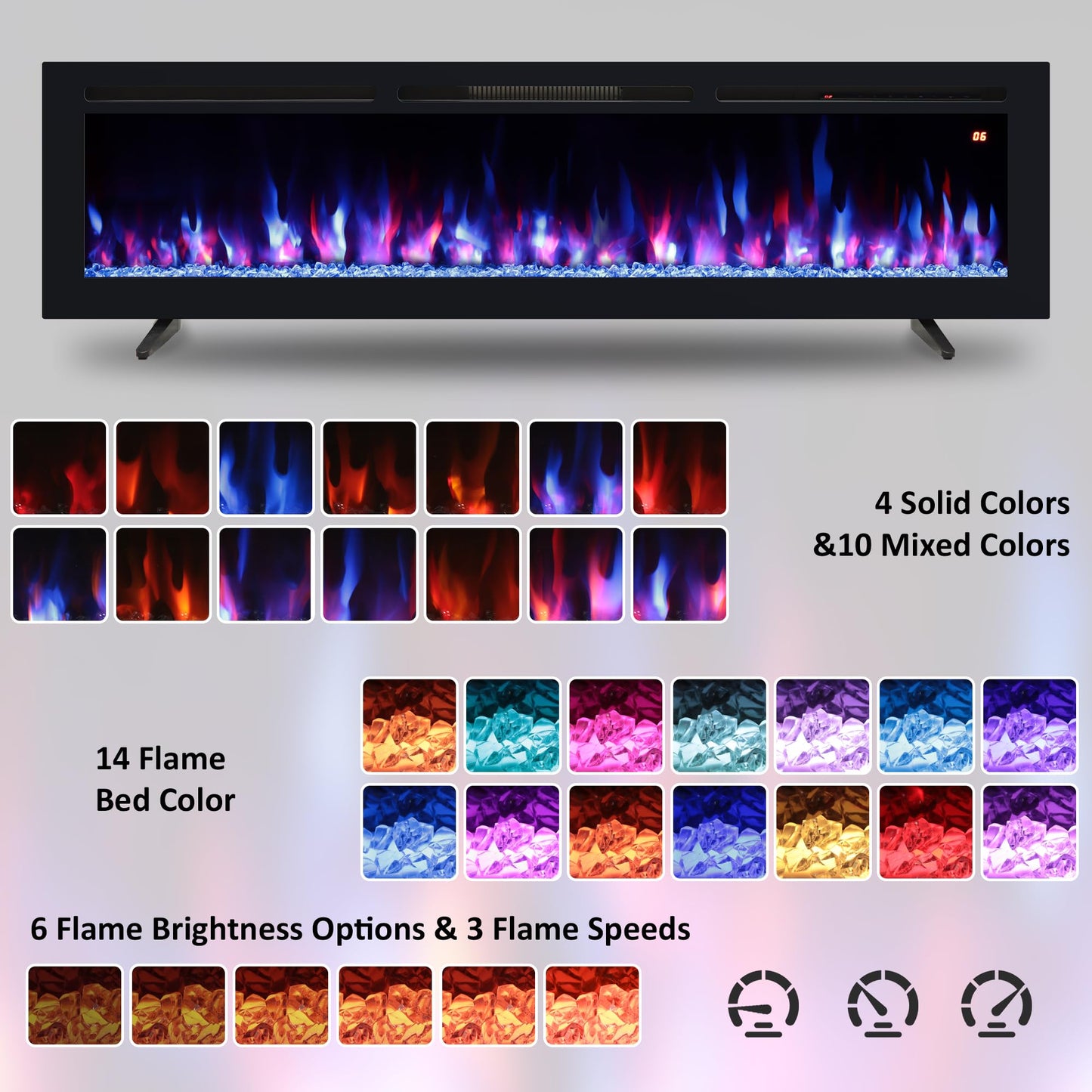 Kentsky 54" Electric Fireplace, Recessed, Wall Mounted and Freestanding Fireplace Heater, Adjustable Flame Color, Speed & Brightness, Thermostat, 9H Timer, Child Lock