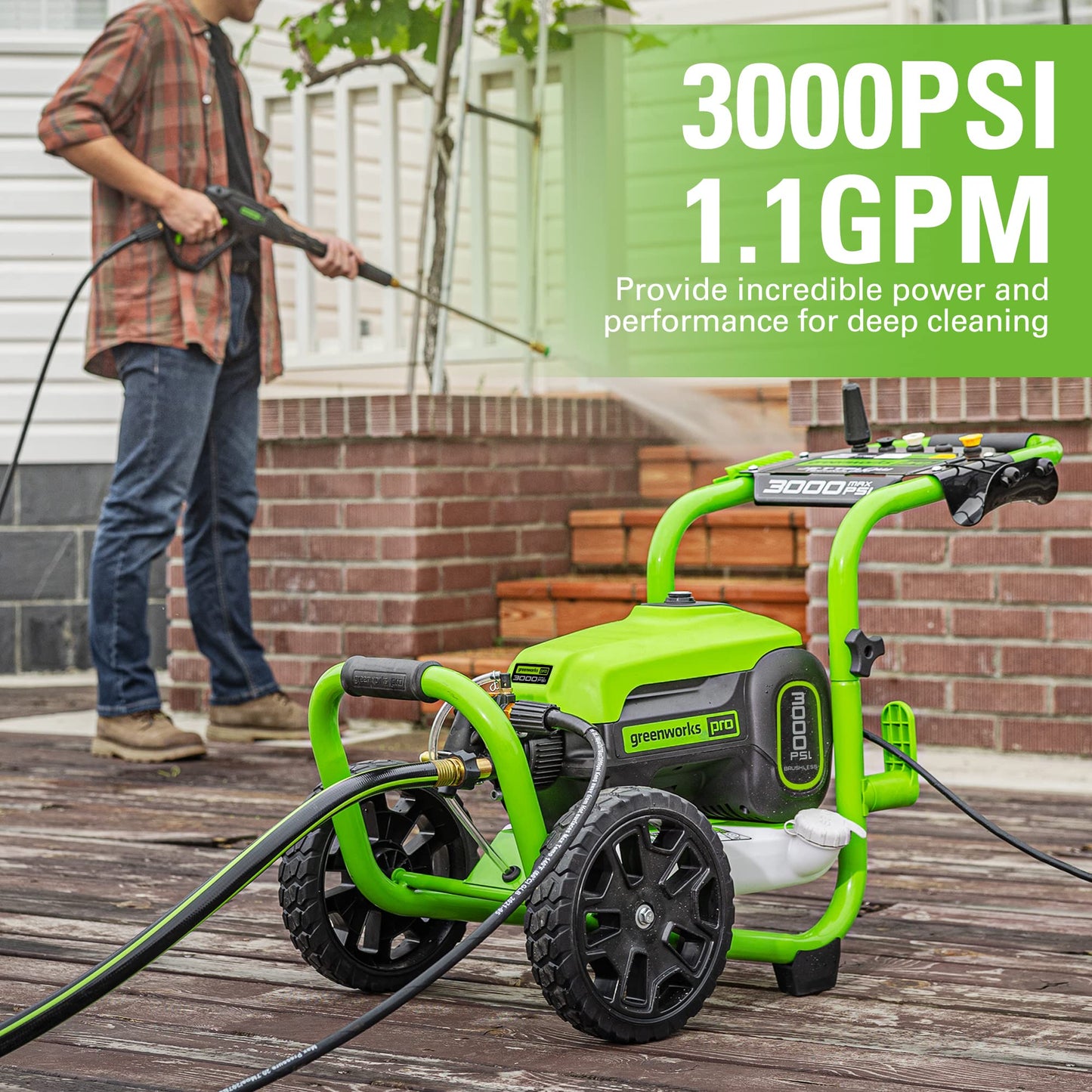 Greenworks 3000 PSI (2.0 GPM Max) Brushless Electric Pressure Washer (15°, 25°, 40°, Soap, and Turbo Nozzle) For Use On Decks, Fences, Driveways, Sidewalks, Siding & More. Heavy-Duty