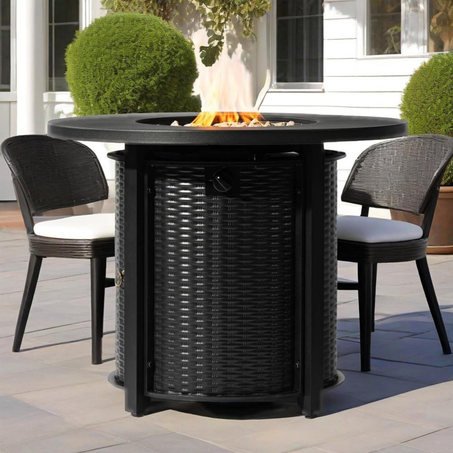 GDFStudio 32" Round Propane Fire Pit Table, 50000 BTU Outdoor Gas Heater with Steel Top & Wicker-Style Base, for Patio Deck Garden Backyard, Black
