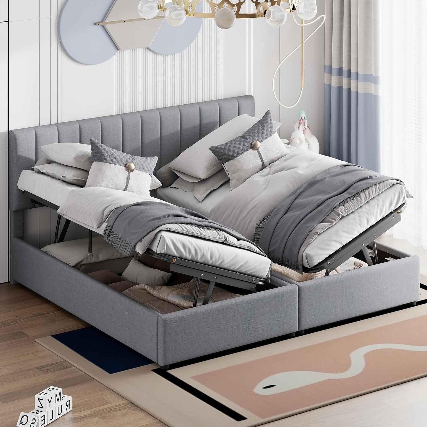 Merax Modern Upholstered Lift Up Bed Frame with Headboard, Floor Tufted Plattform Bed with a Hydraulic Storage System, No Box Spring Needed, Easy Assemble, Gray