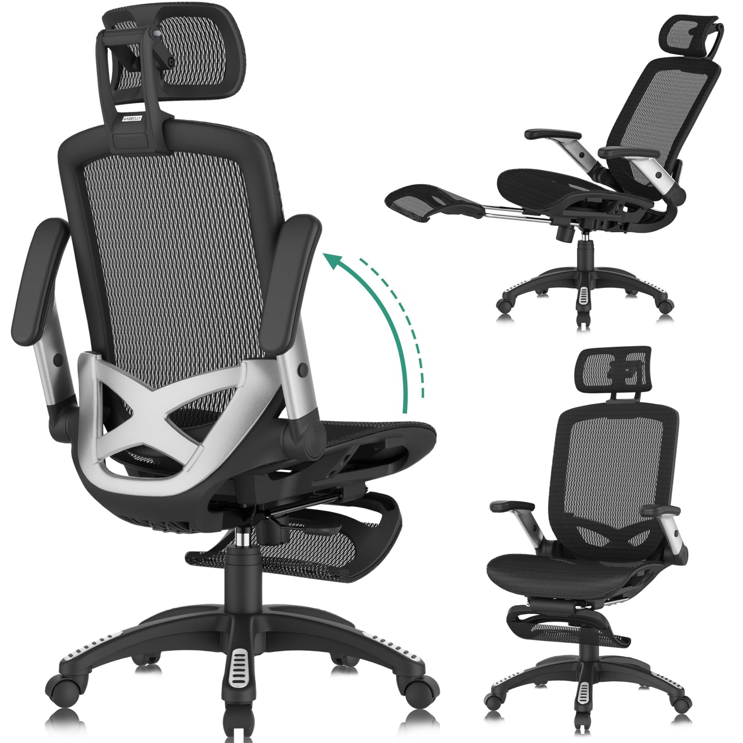 GABRYLLY Office Chair with Footrest, Ergonomic Desk Chair - 135° Recline Wide, 45° Flip-Up Arms,3D Headrest & Mesh Seat, High Back Home Gaming Chair for Adult Man Woman, 300LBS