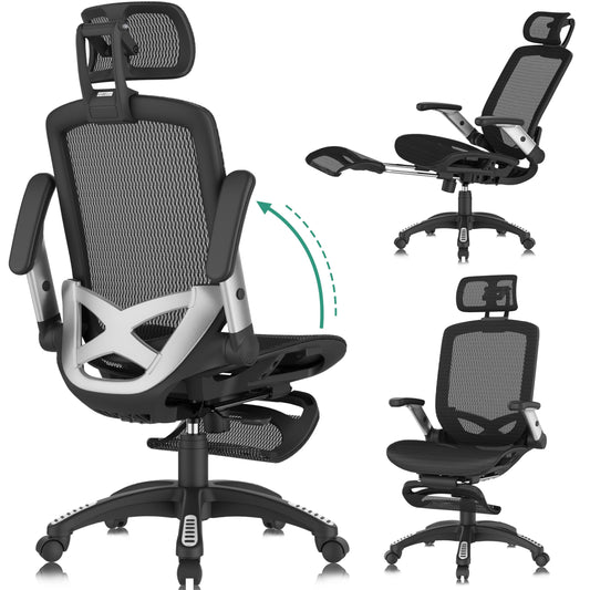 GABRYLLY Office Chair with Footrest, Ergonomic Desk Chair - 135° Recline Wide, 45° Flip-Up Arms,3D Headrest & Mesh Seat, High Back Home Gaming Chair for Adult Man Woman, 300LBS
