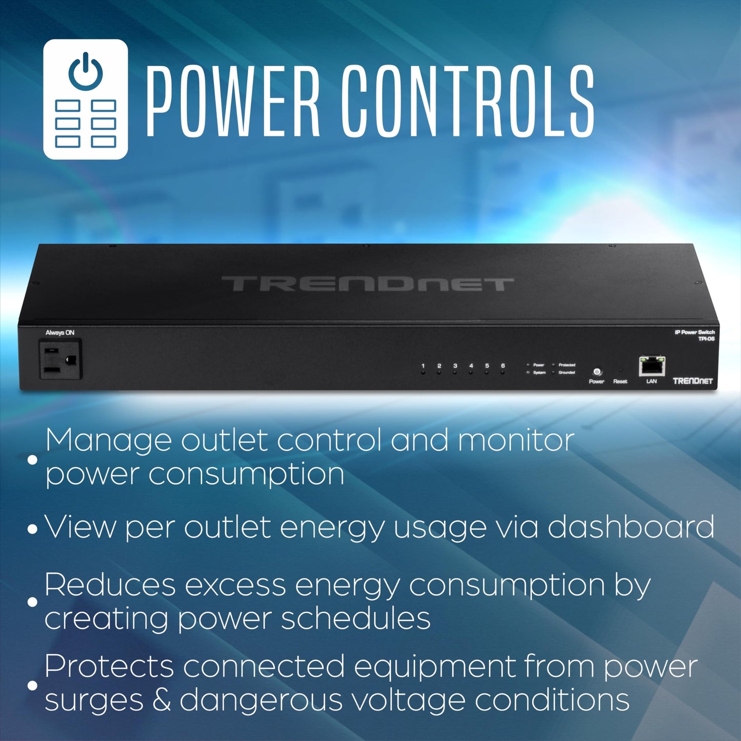 TRENDnet 6-Outlet Managed PDU, TPI-06, Rackmount Power Distribution Unit, UL Certified, 1 x NEMA 5-15R Bypass Power Outlet, 1 x Gigabit RJ-45 Port, Overload Protection, Surge Protection 2160J, Black
