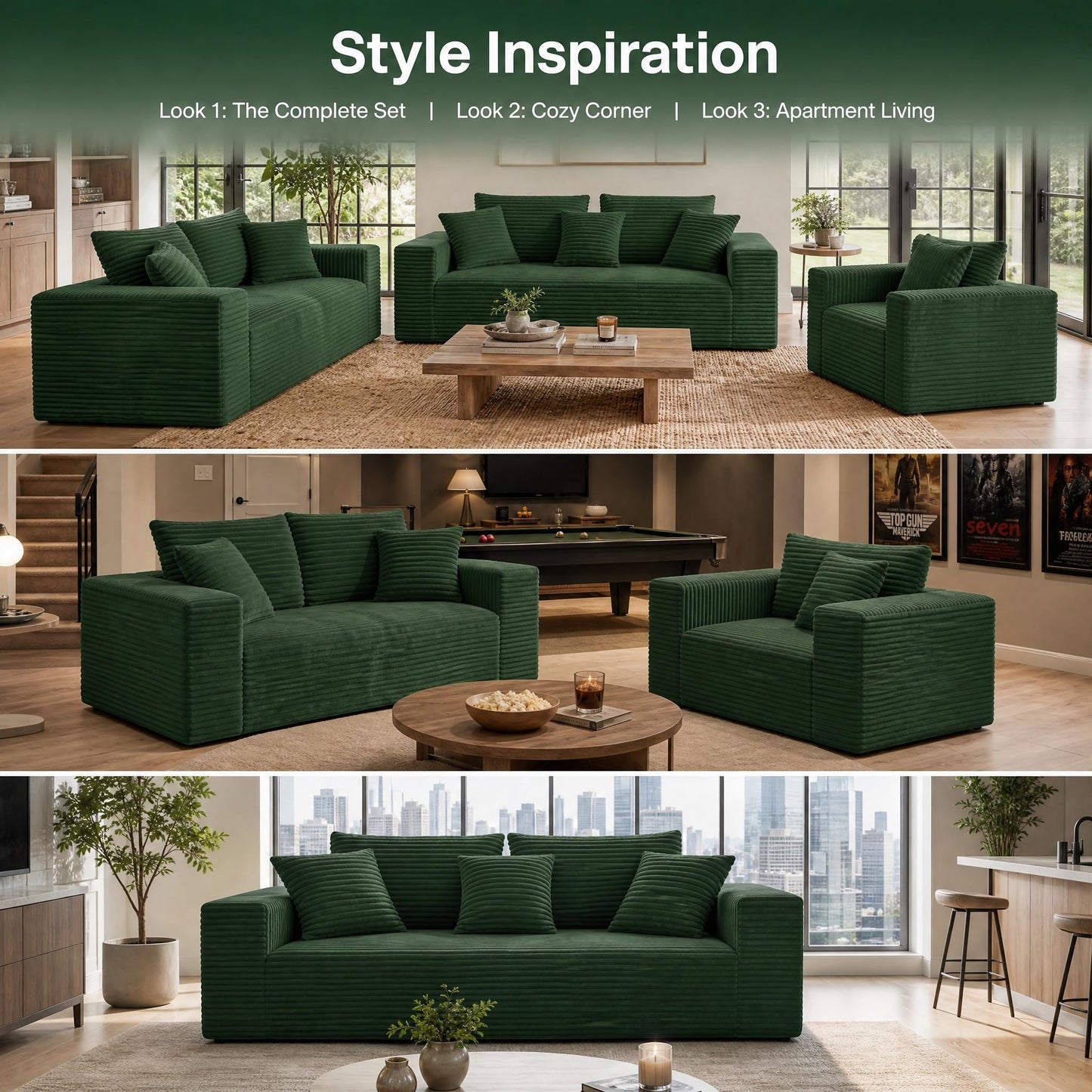Trygoal 3-Pieces Sectional Boneless Couch Set for Living Room, Oversized Couch Including 3-Seater & 2-Seater & Single Chair, Deep Seat Sofa Set with Armrests & Pillows,No Assembly Required, Green